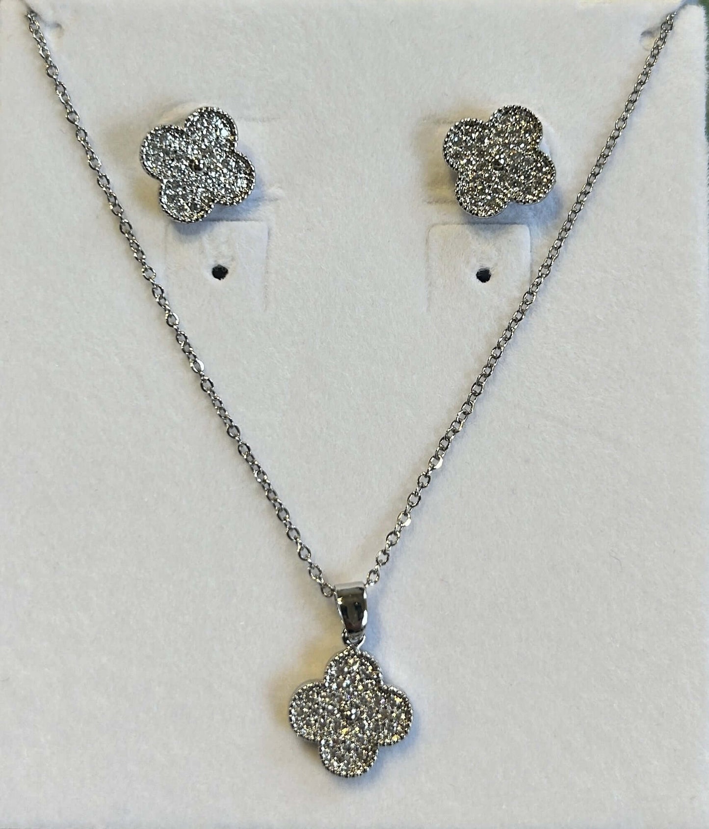 Silver Sparkle Clover Necklace & Earrings Set