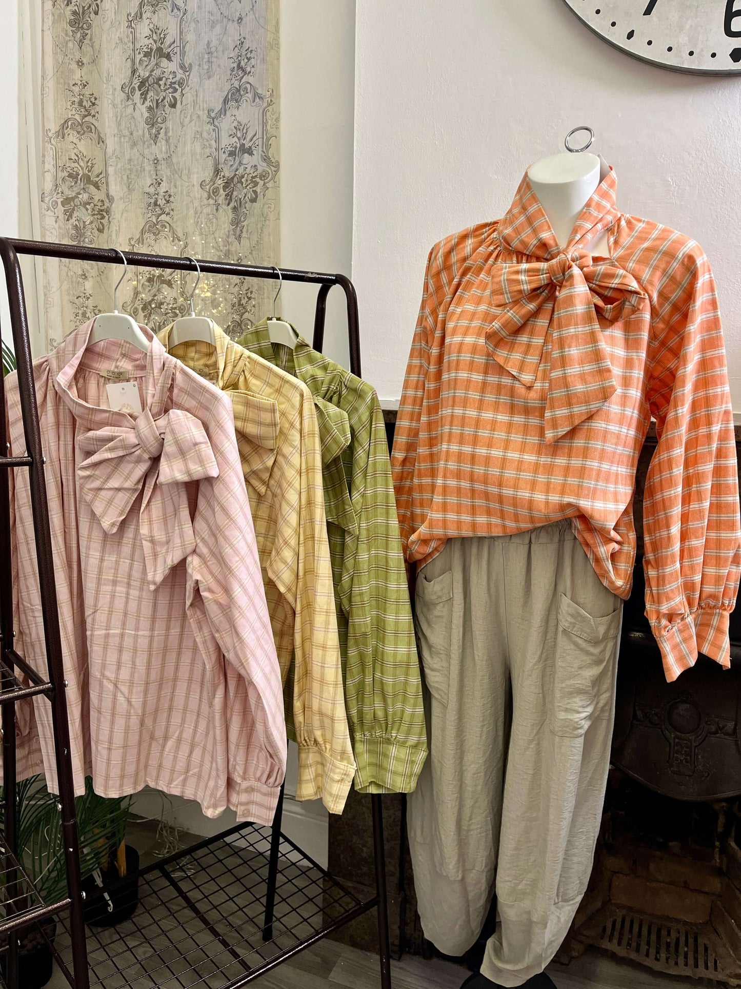 Lagenlook Plaid Tie Neck Blouse