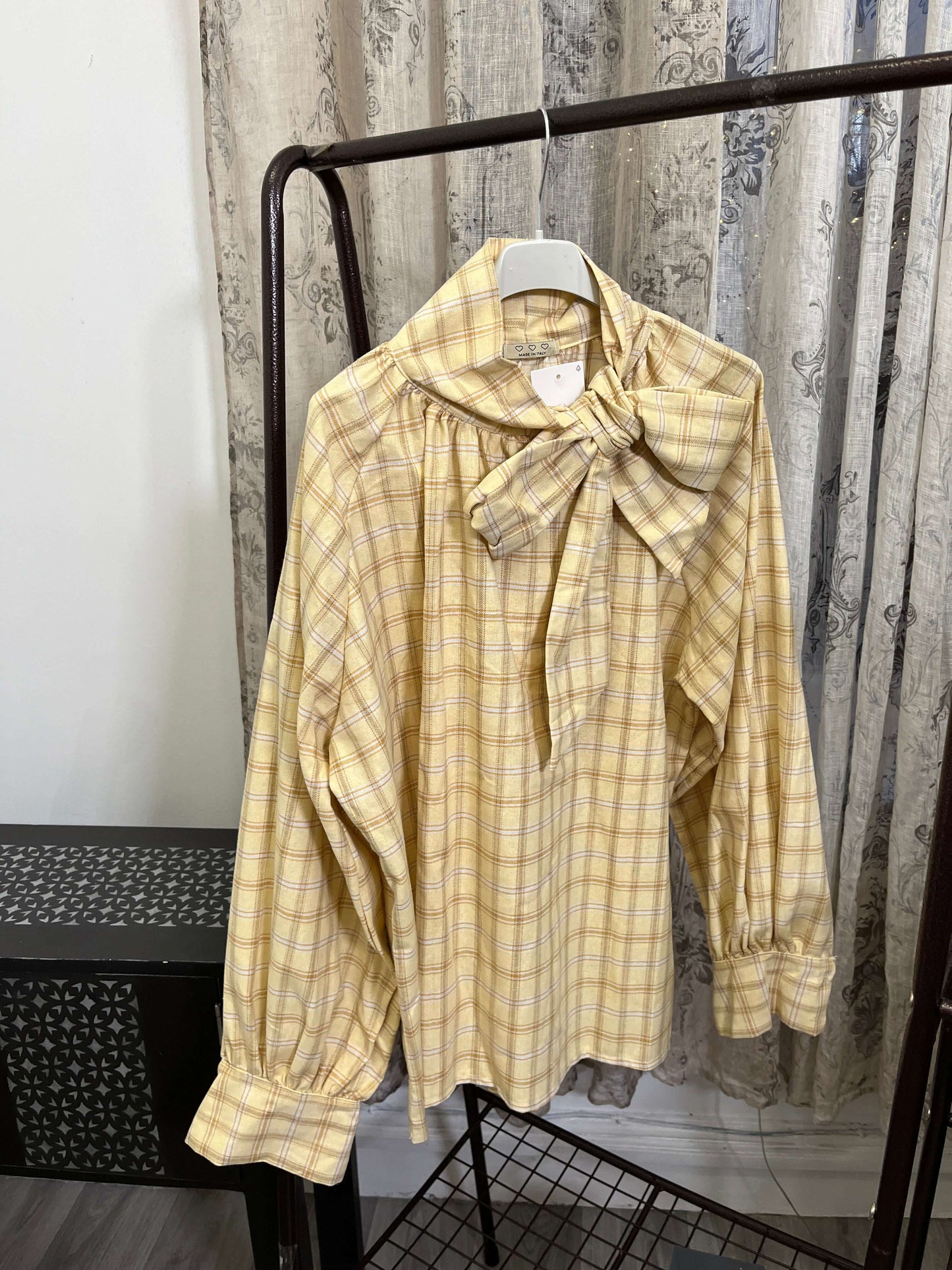 Lagenlook Plaid Tie Neck Blouse