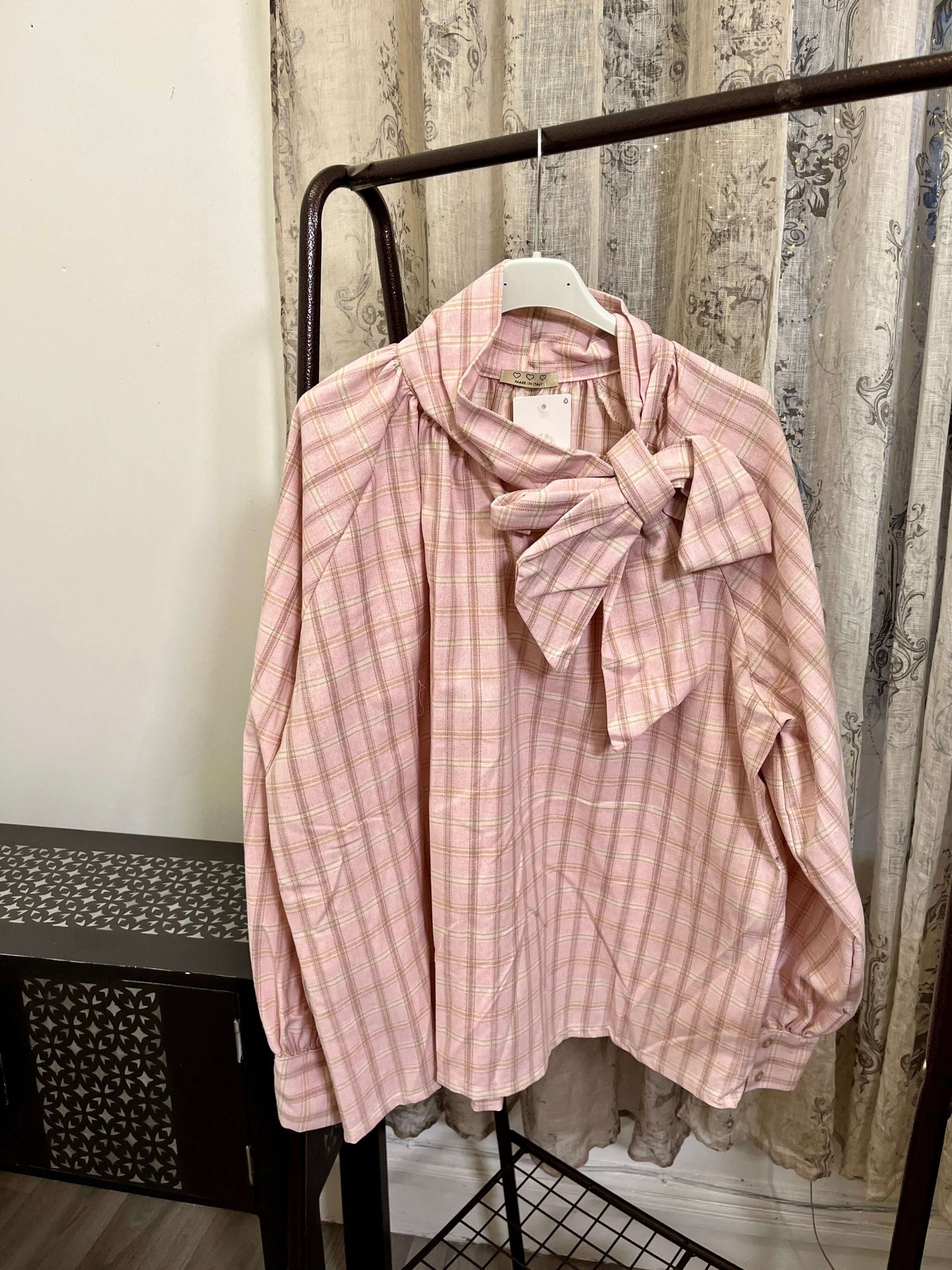 Lagenlook Plaid Tie Neck Blouse