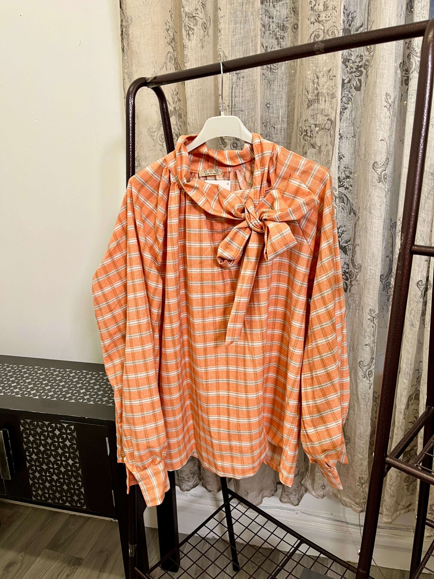 Lagenlook Plaid Tie Neck Blouse