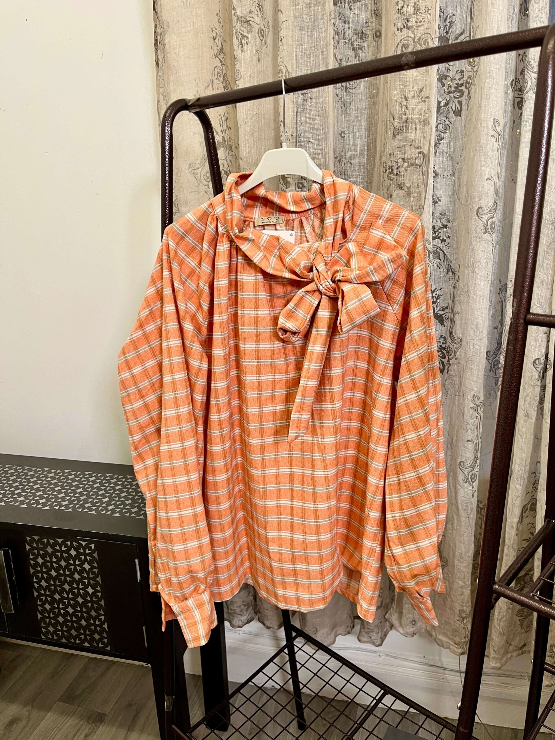 Lagenlook Plaid Tie Neck Blouse