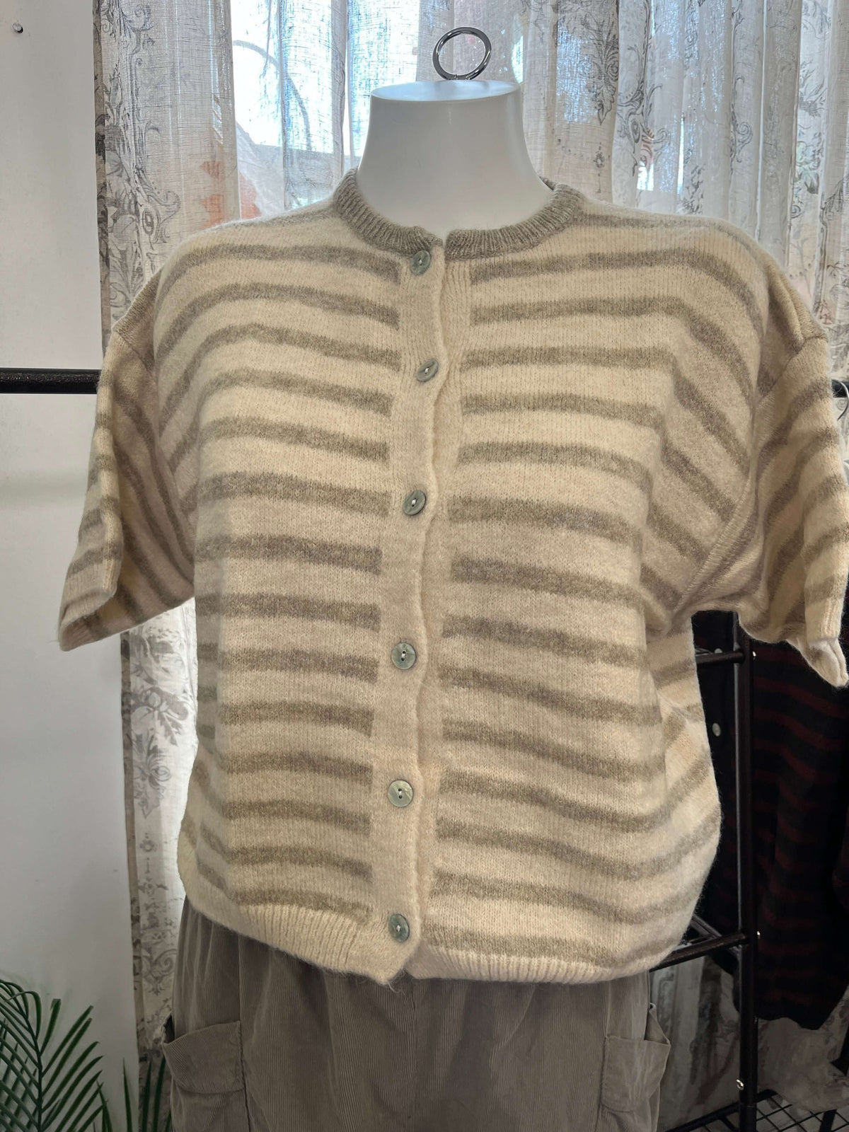 Short Sleeve Striped Alpaca Cardigan