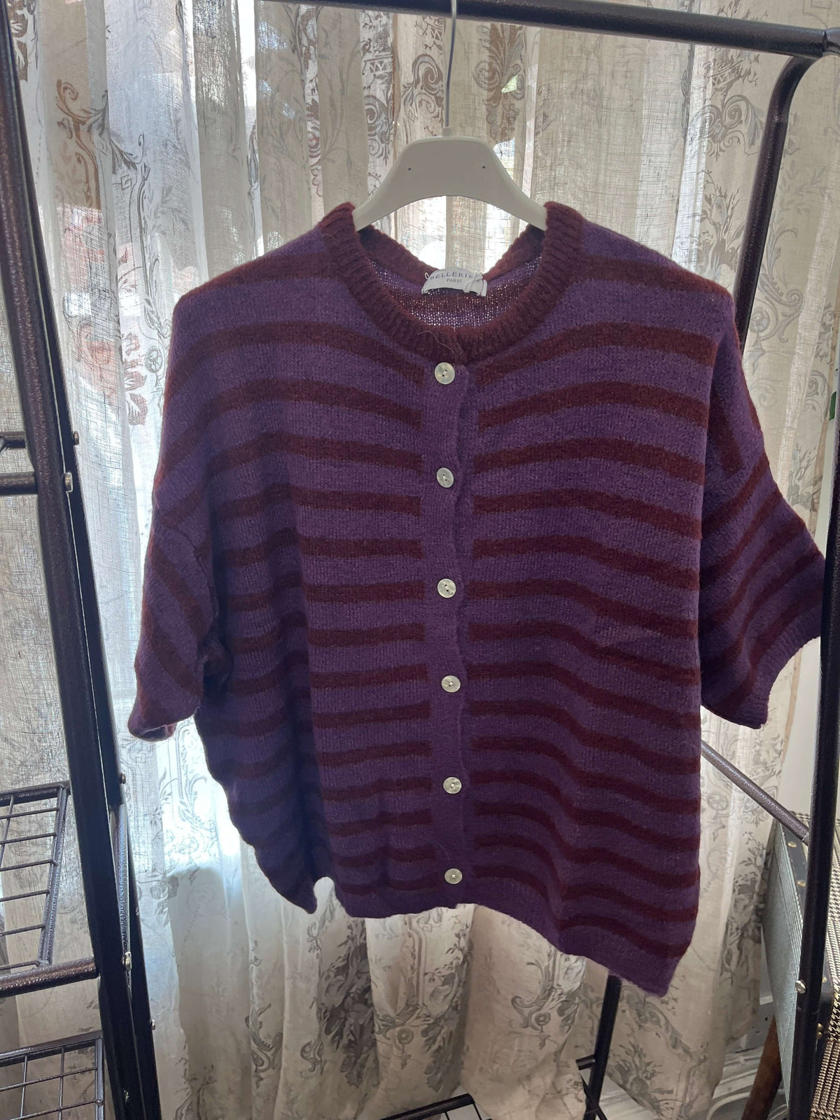 Short Sleeve Striped Alpaca Cardigan