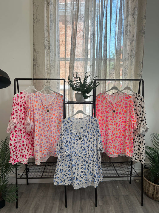 Heart Print Cheesecloth One Button Blouse