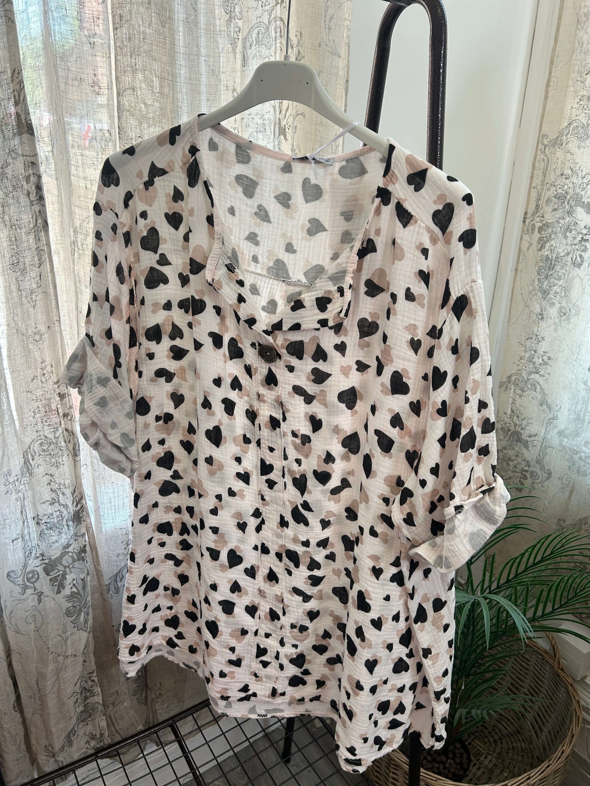 Heart Print Cheesecloth One Button Blouse