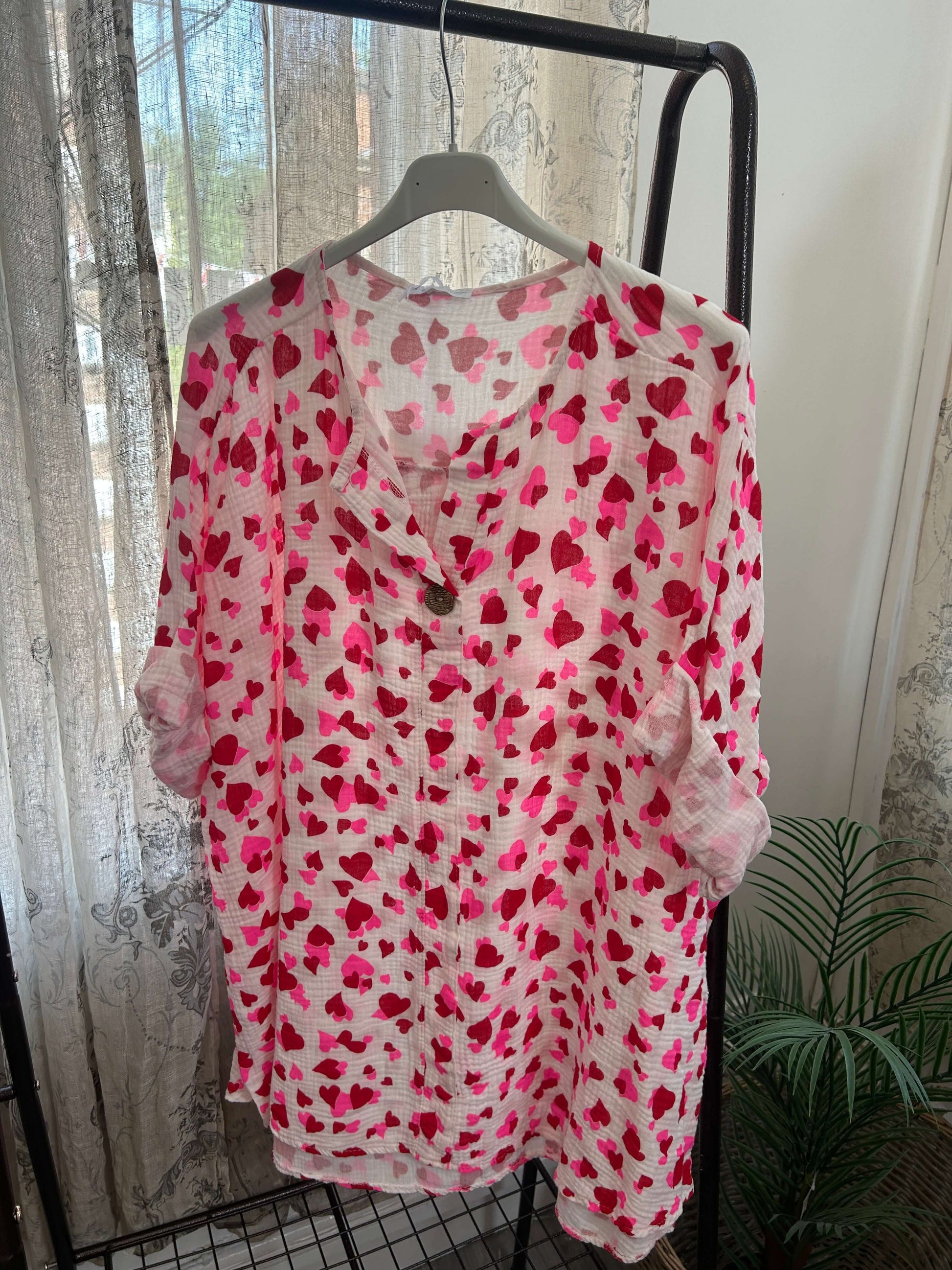 Heart Print Cheesecloth One Button Blouse