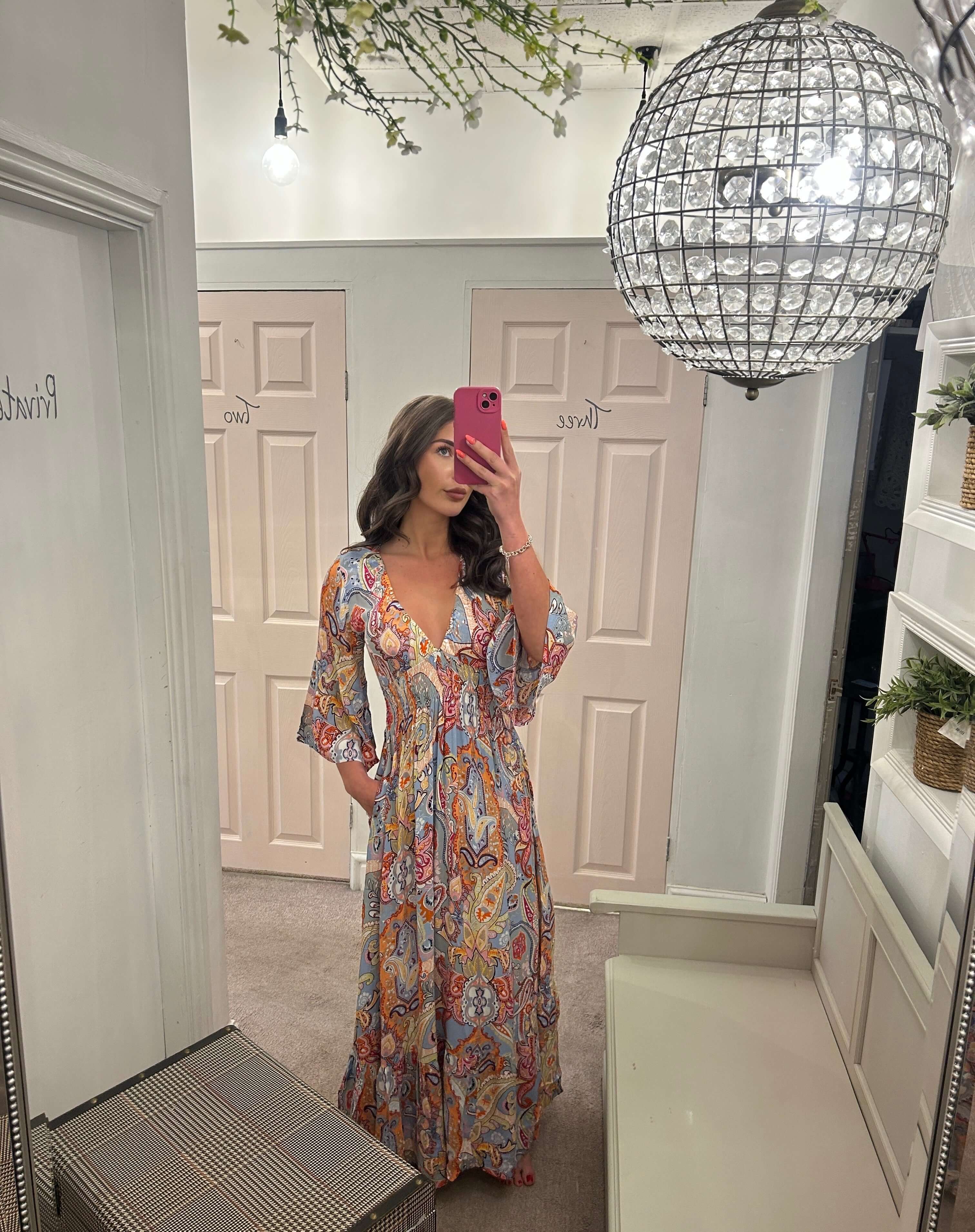 Abstract Paisley V-Neck Maxi Dress