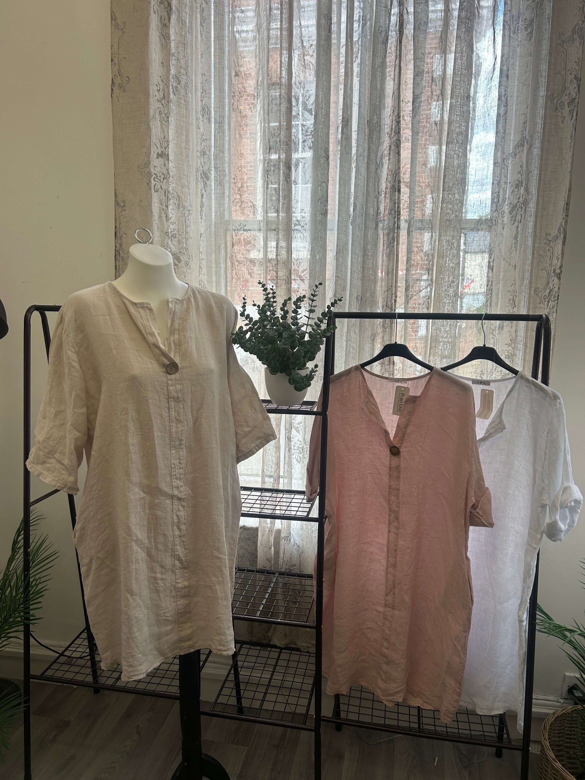 Janice One Button Linen Tunic Dress