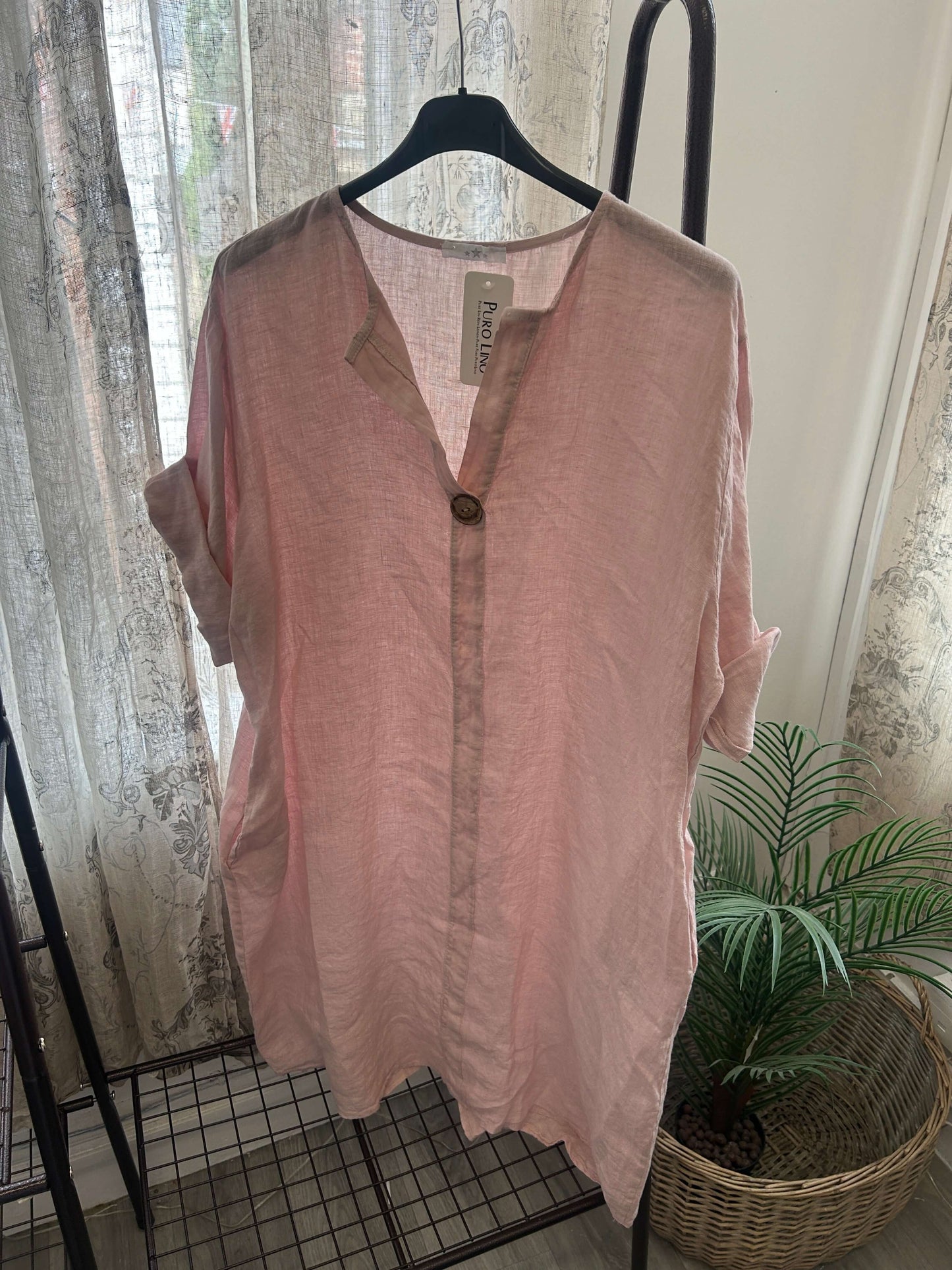 Janice One Button Linen Tunic Dress