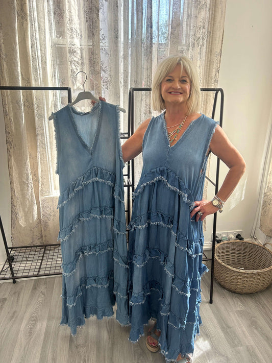 Janie Denim Look Frill Maxi Dress