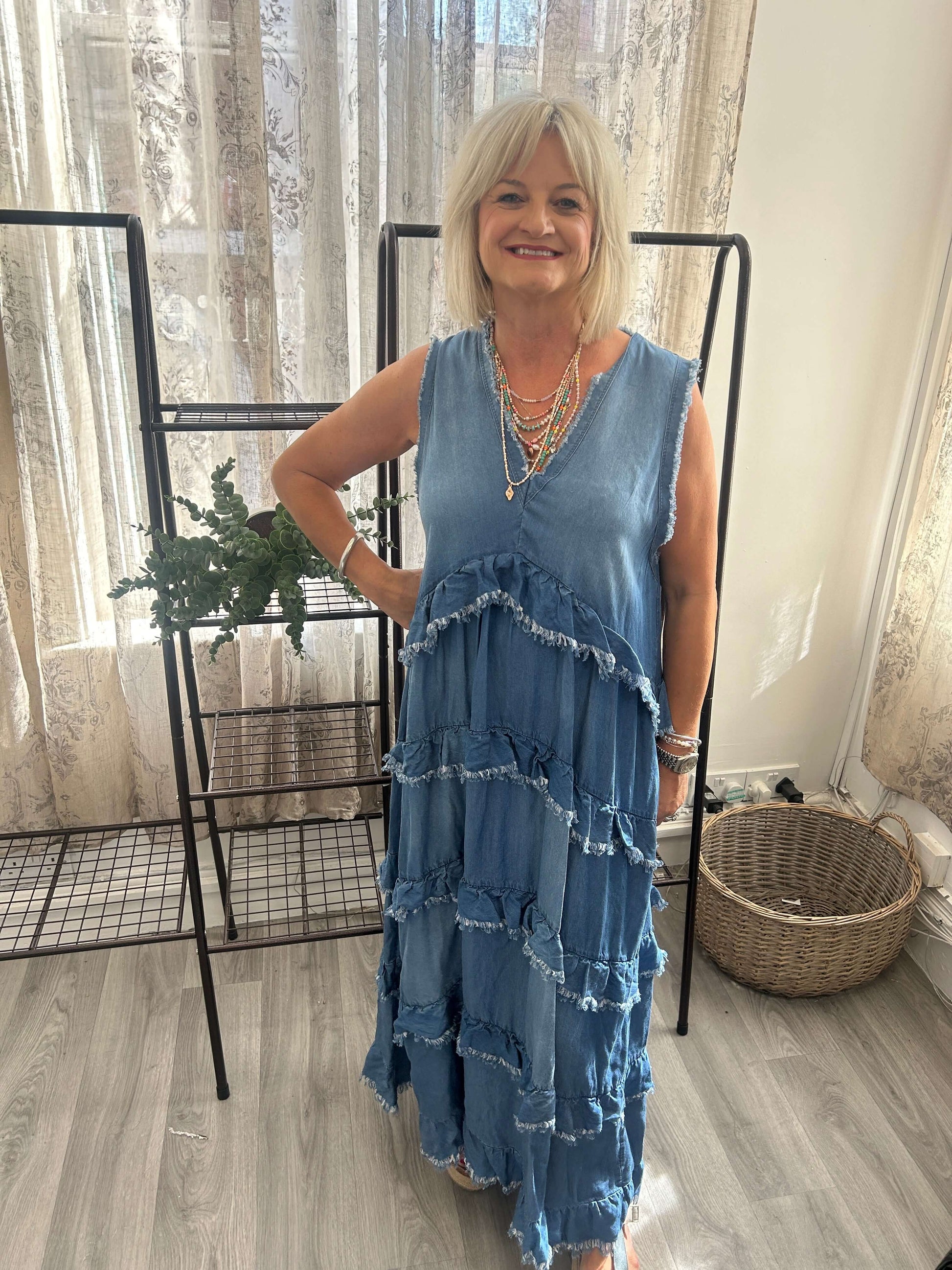 Janie Denim Look Frill Maxi Dress