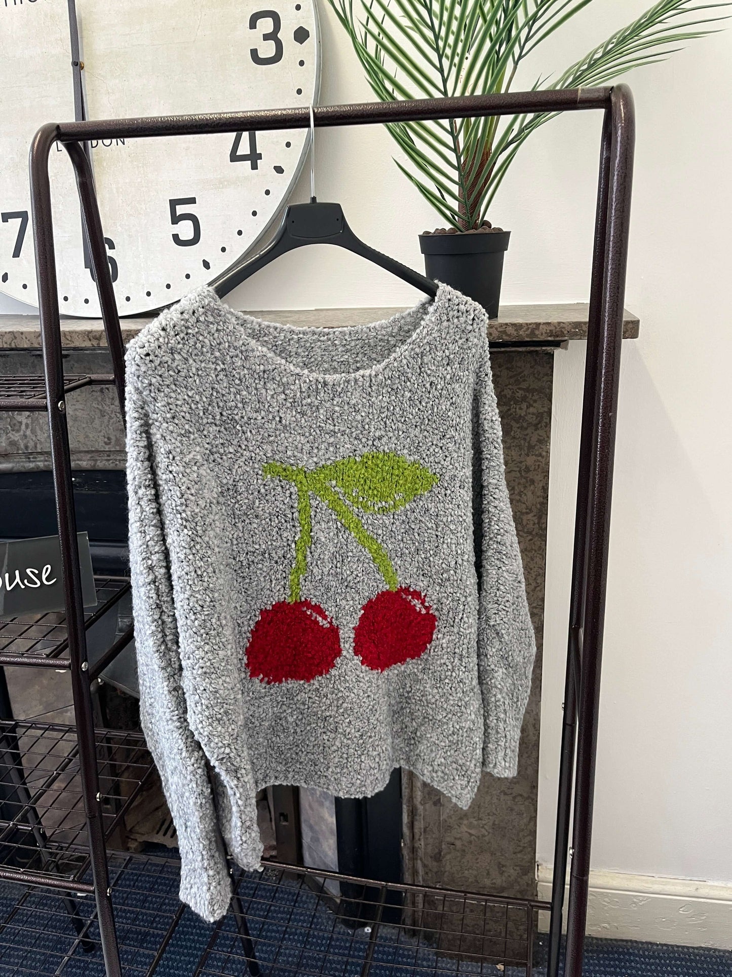 Slouchy Cherry Detail Boucle Knit Jumper