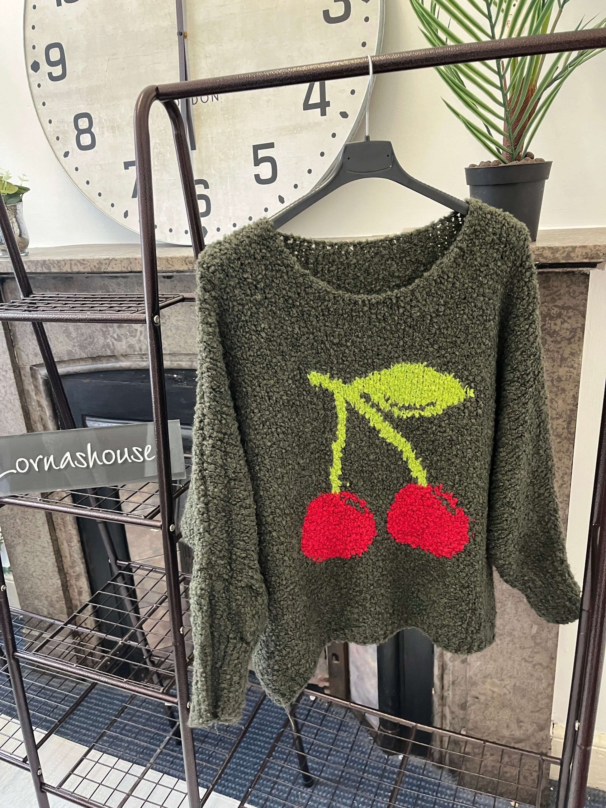 Slouchy Cherry Detail Boucle Knit Jumper