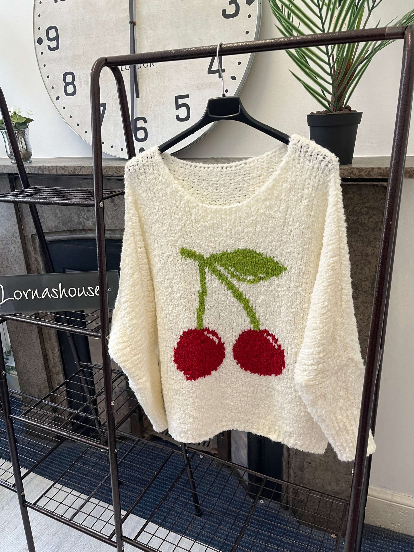 Slouchy Cherry Detail Boucle Knit Jumper