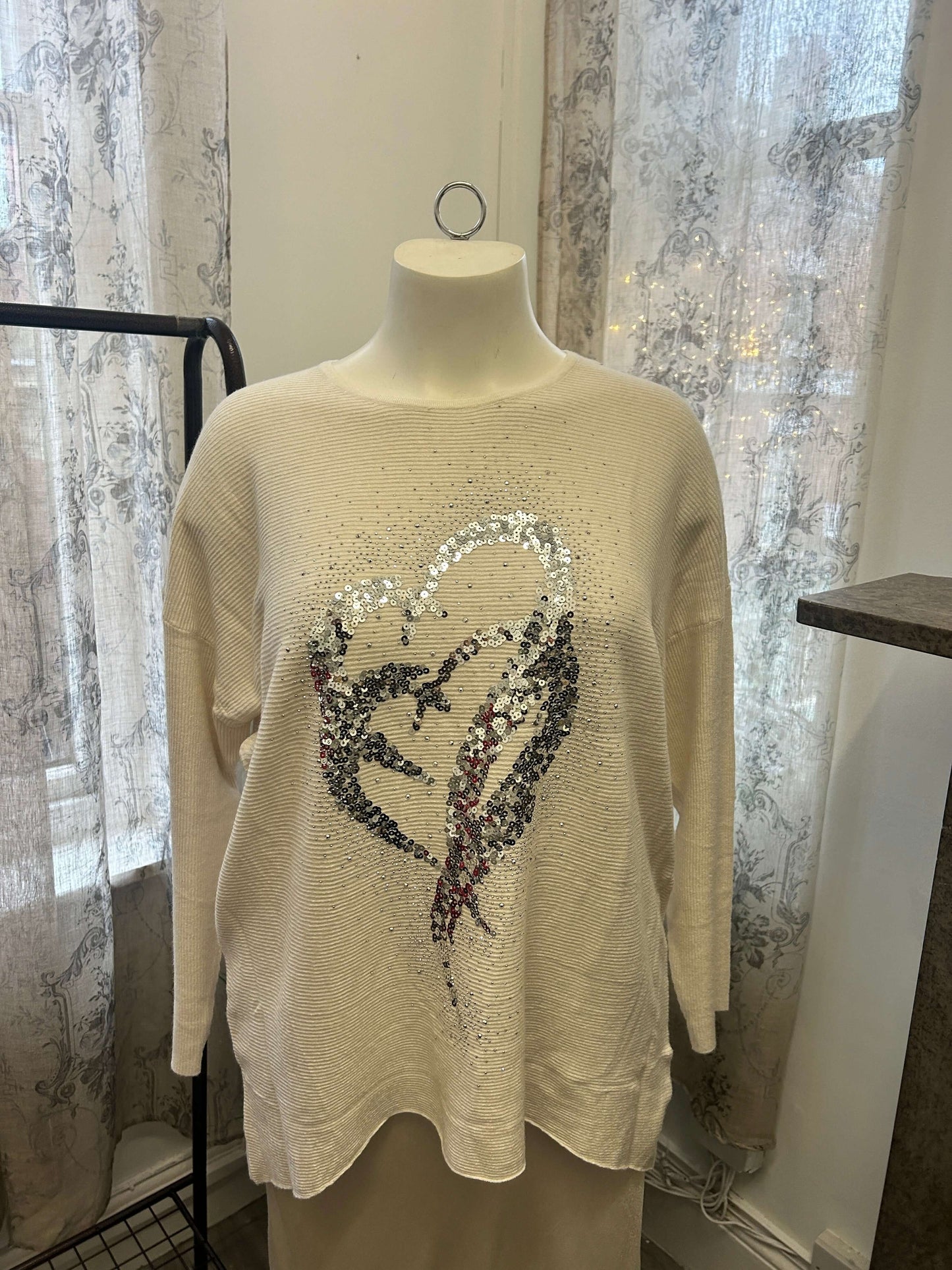 Sequin Heart Ribbed Slouchy Jumper