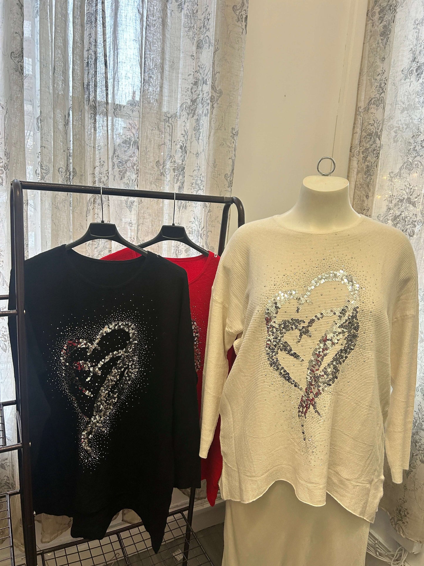 Sequin Heart Ribbed Slouchy Jumper