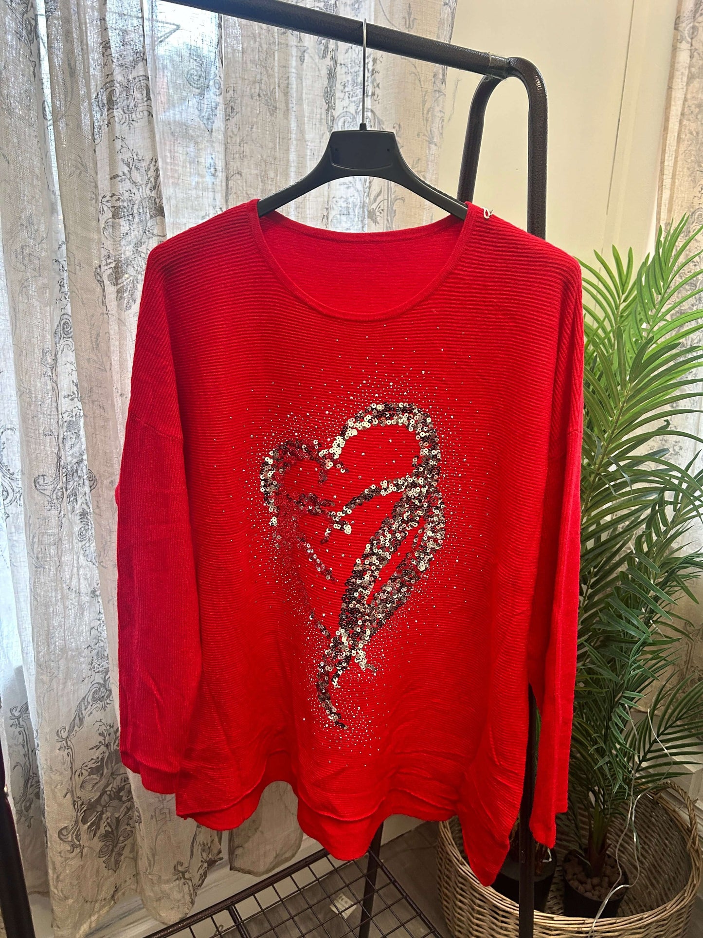 Sequin Heart Ribbed Slouchy Jumper