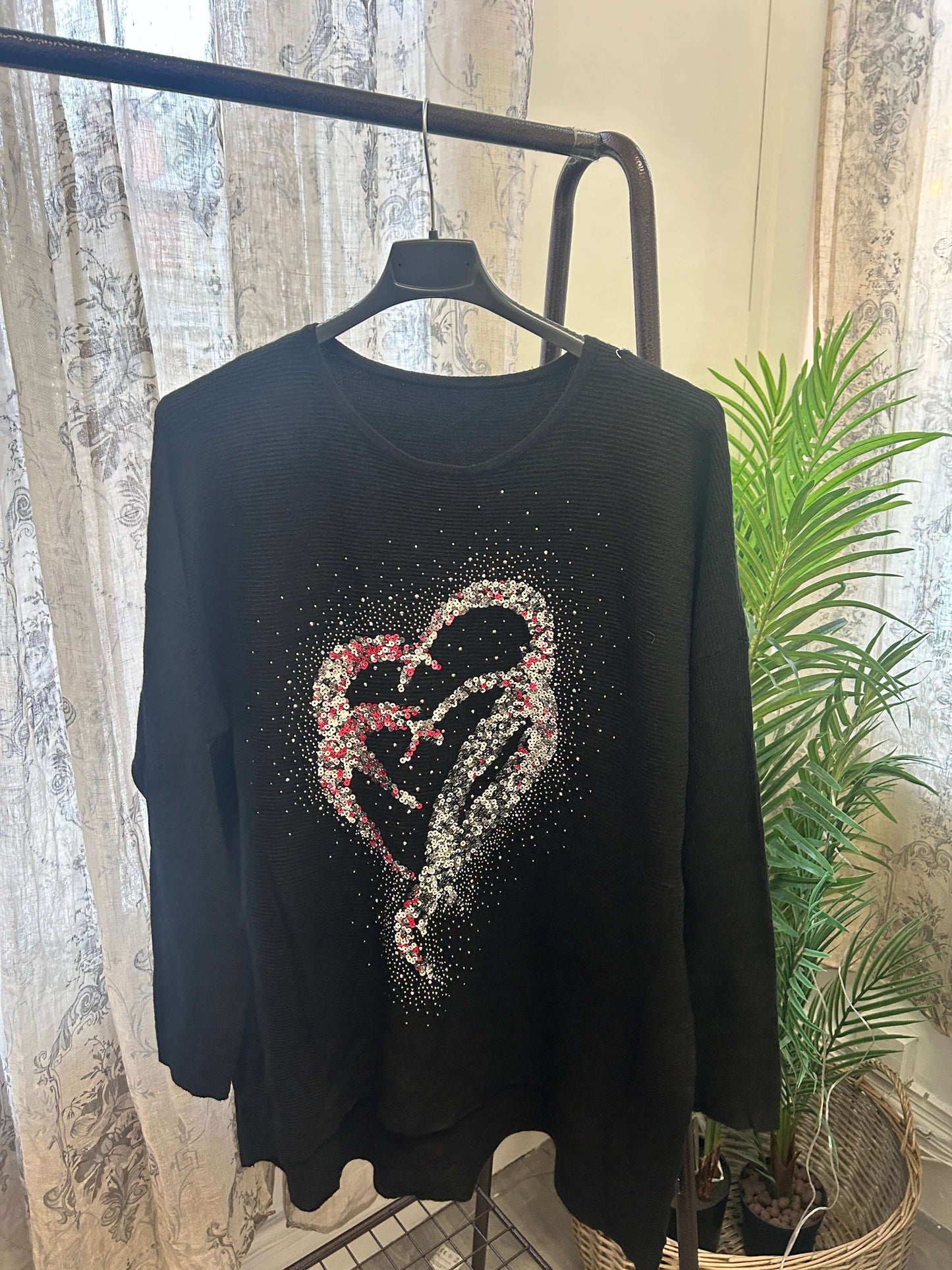 Sequin Heart Ribbed Slouchy Jumper