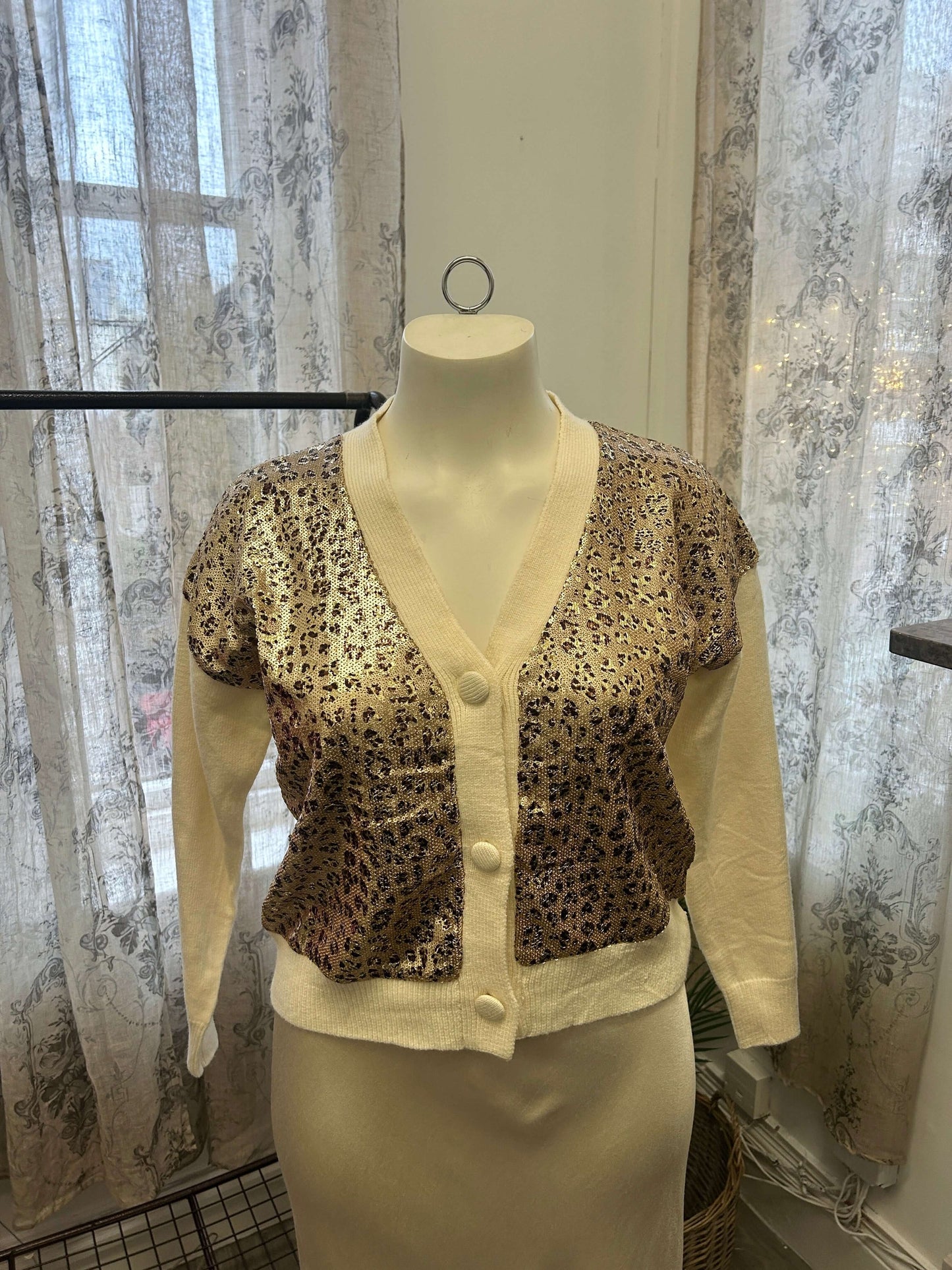 Cream Leopard Print Sequin Detail Cardigan