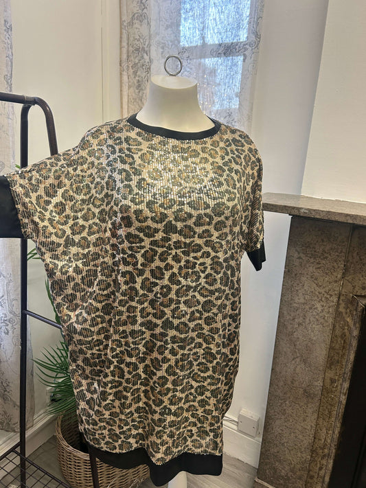 Leopard Print Sequin Tunic - Oatmeal/Khaki