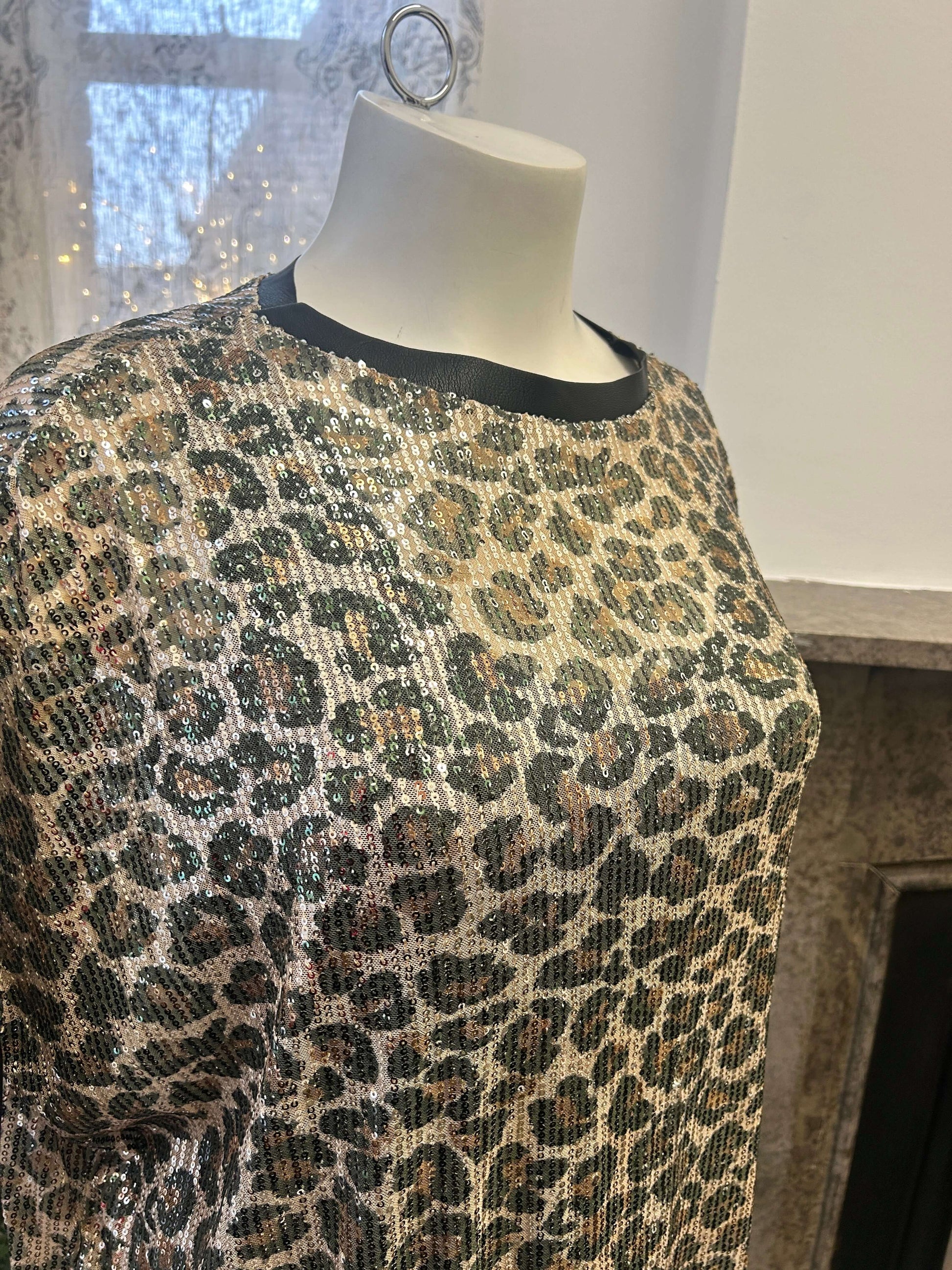 Leopard Print Sequin Tunic - Oatmeal/Khaki