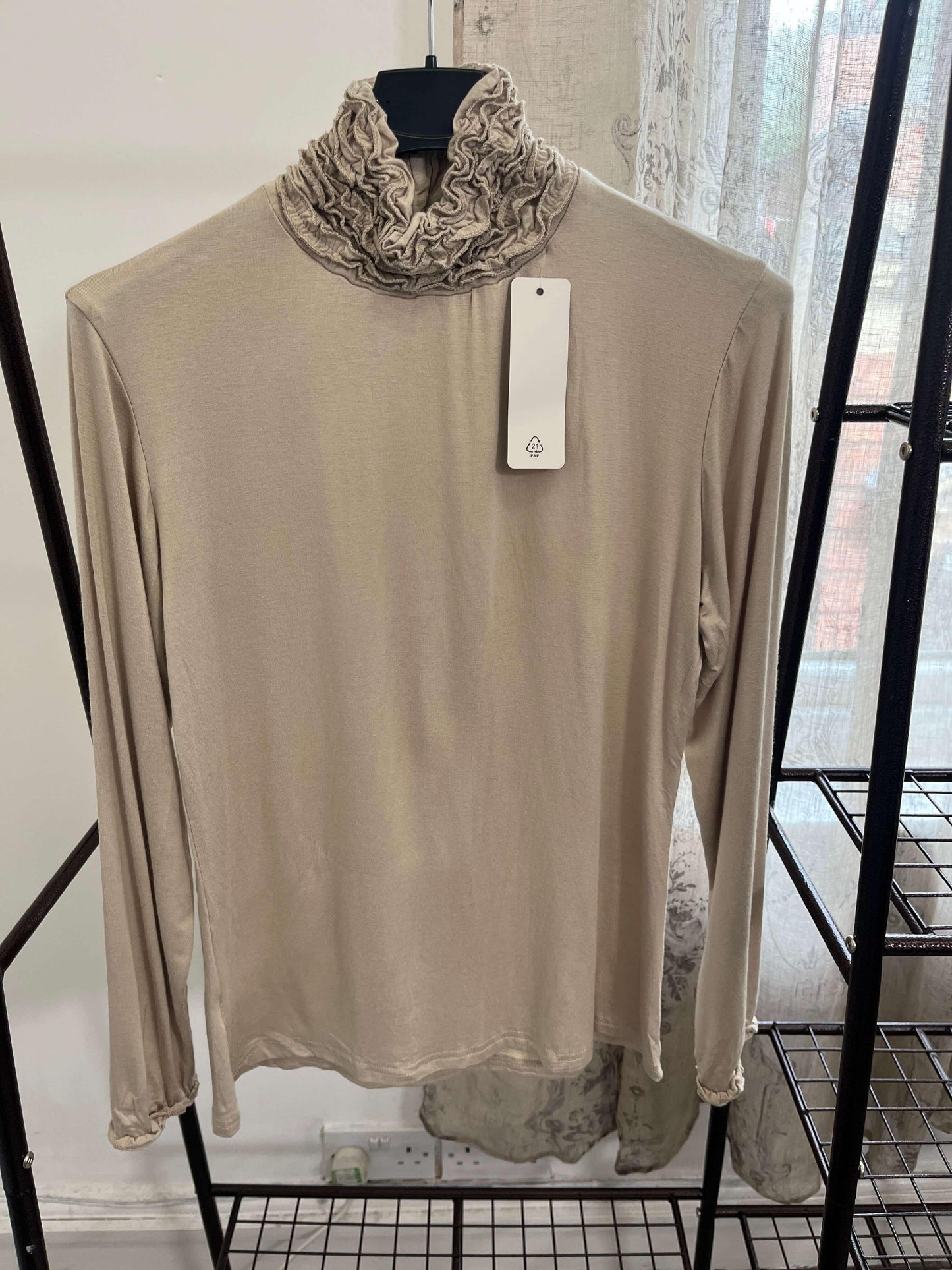 Ruffle Polo Neck Long Sleeve Top