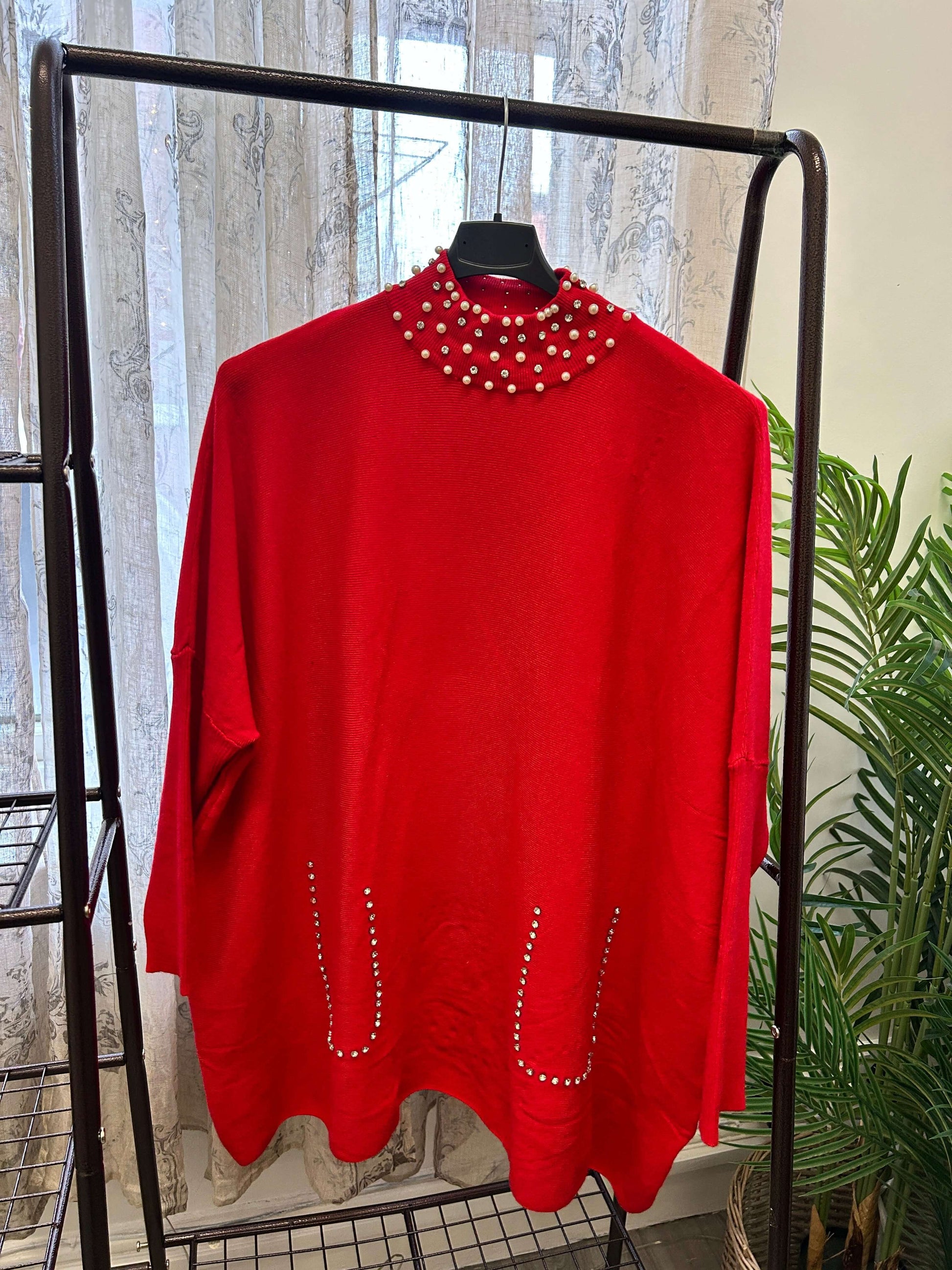 Sparkle Pearl Detail Batwing Sleeve Tunic Jumper