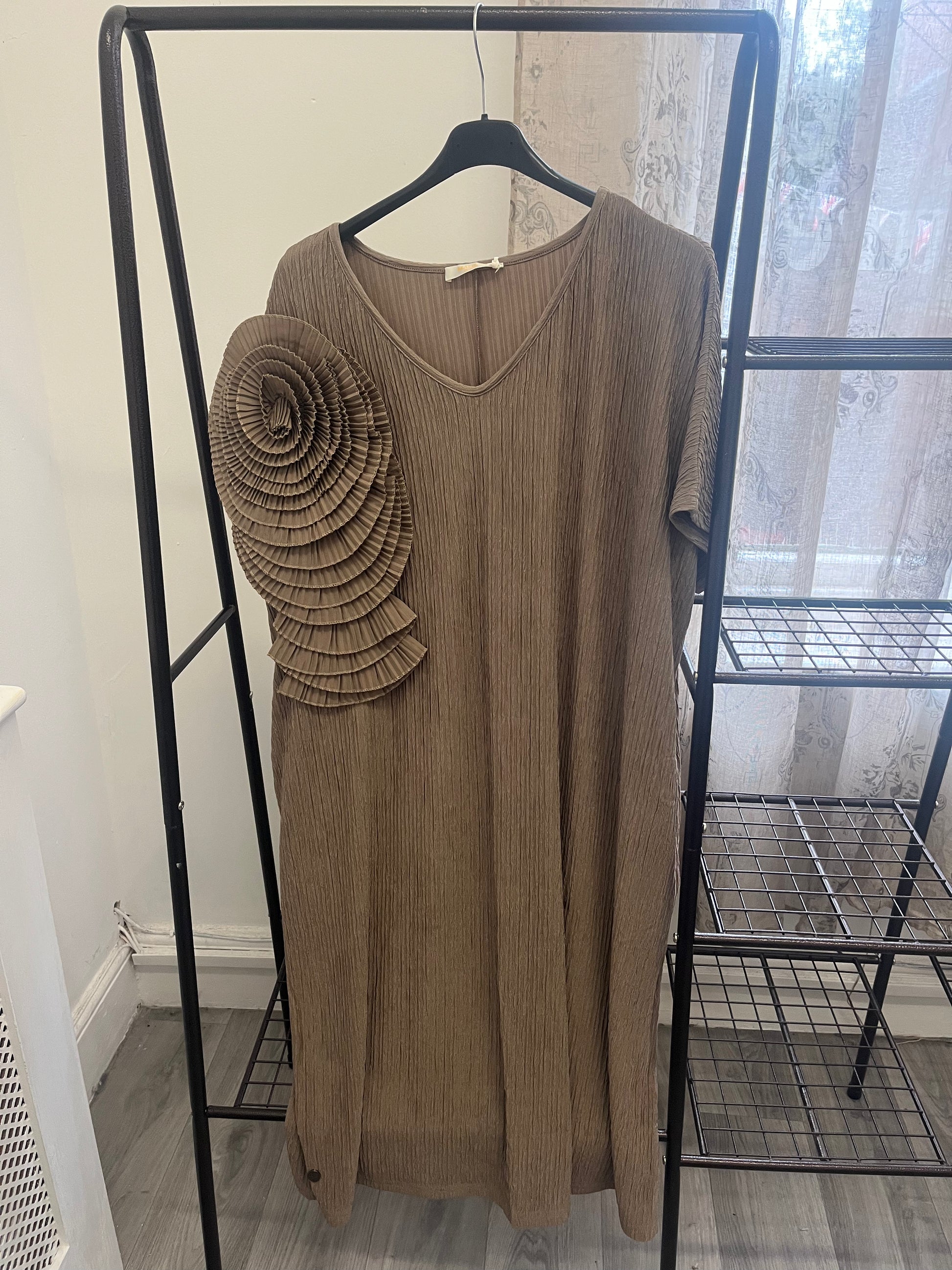 Ripple Jersey V Neck Dress With Flower Applique