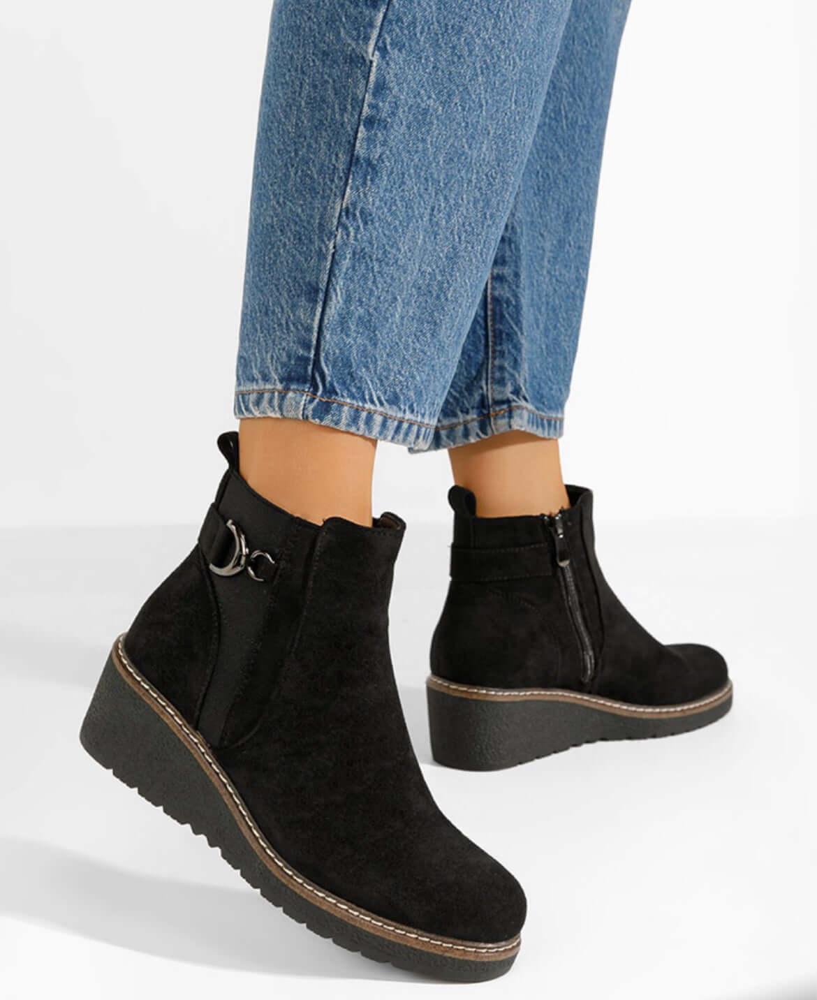 Black Faux Suede Wedge Boot