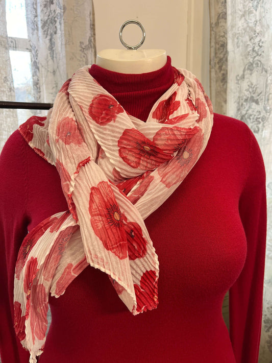 Cream & Red Crinkle Poppy Scarf