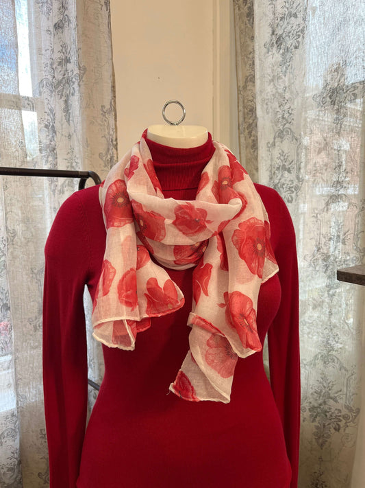 Plain Cream & Red Poppy Scarf