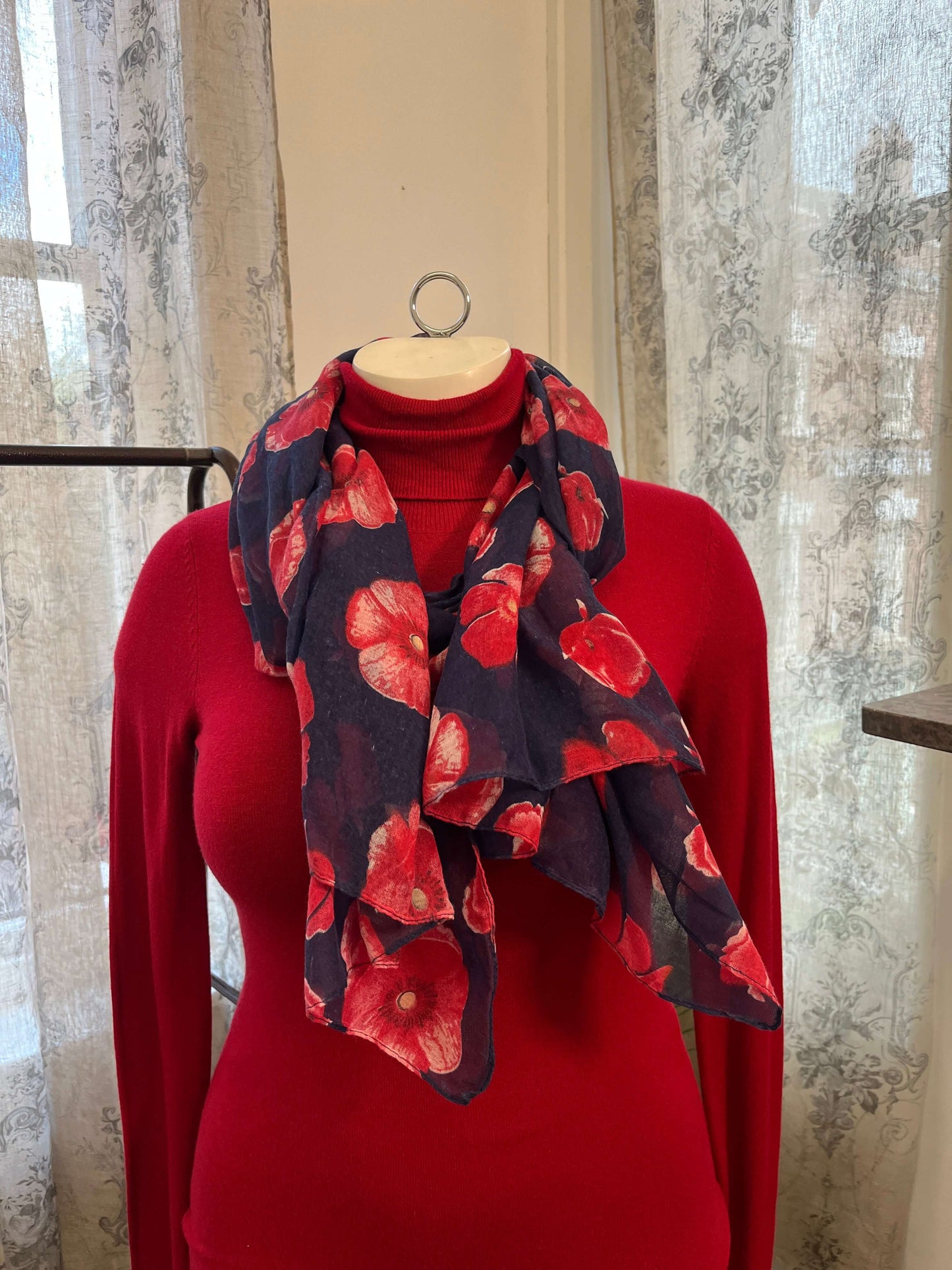 Navy & Red Poppy Scarf