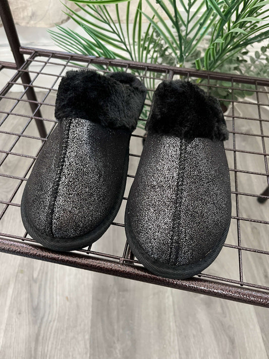 Womens's Faux Fur Lined Black Sparkle Slipper 'Juliet'
