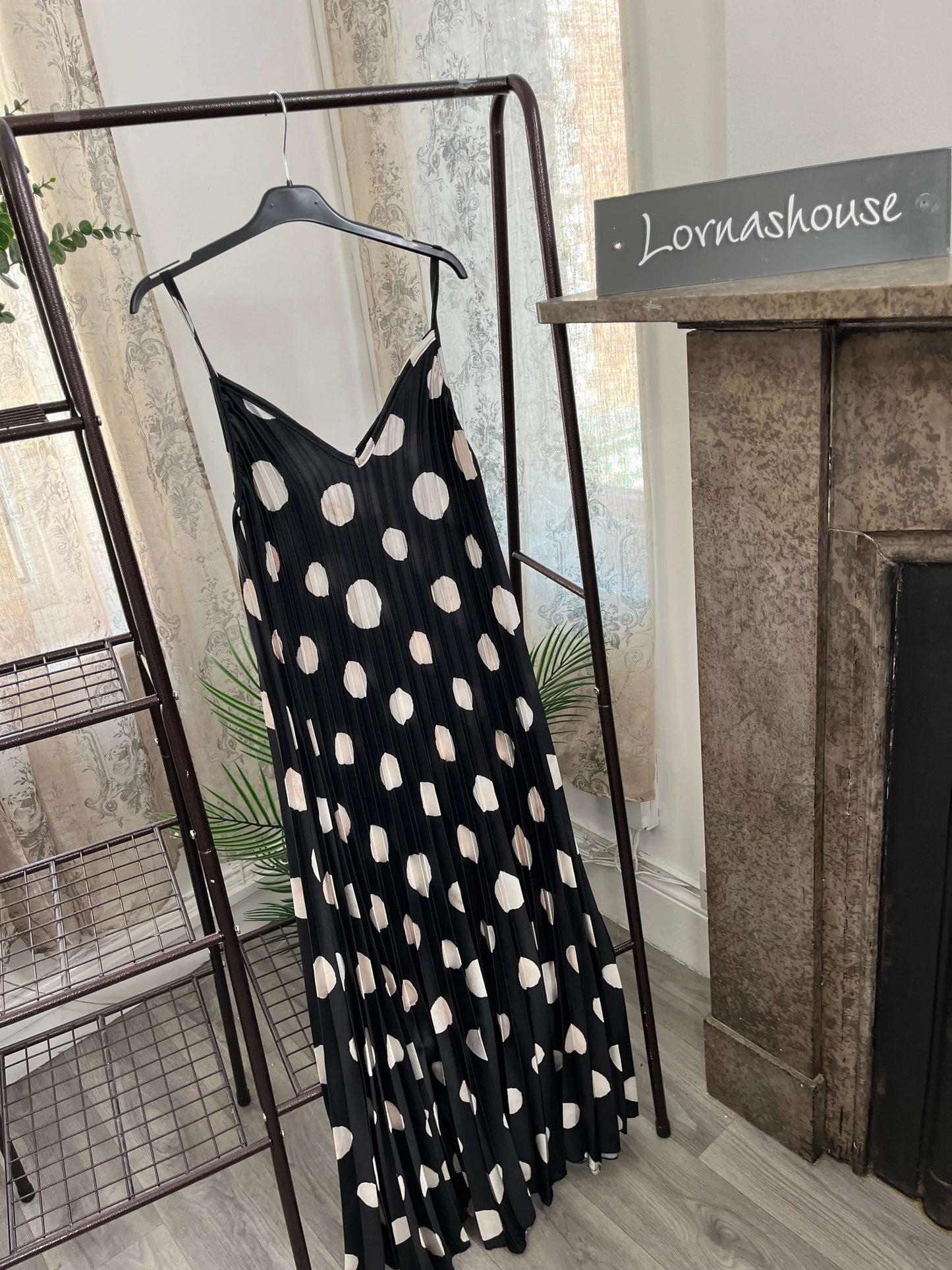 Satin Polka Dot Pleated V Neck Sundress