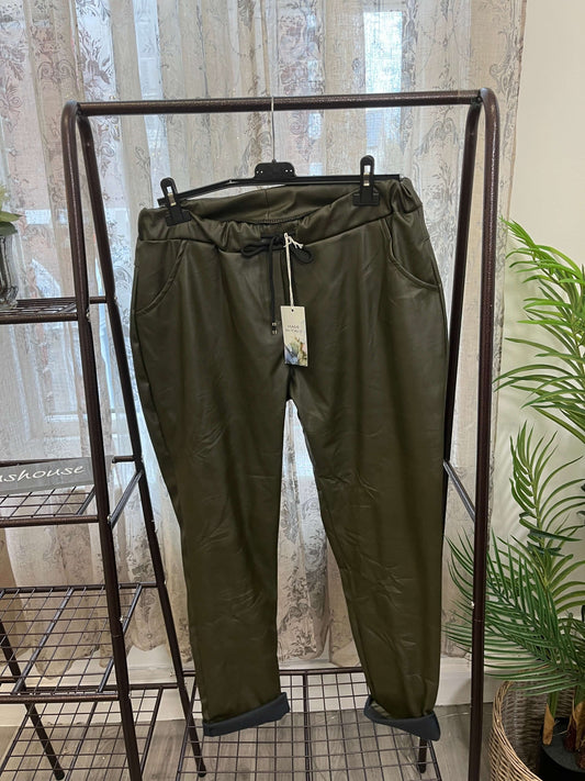 Army Green Leather Look Magic Jogger Trousers