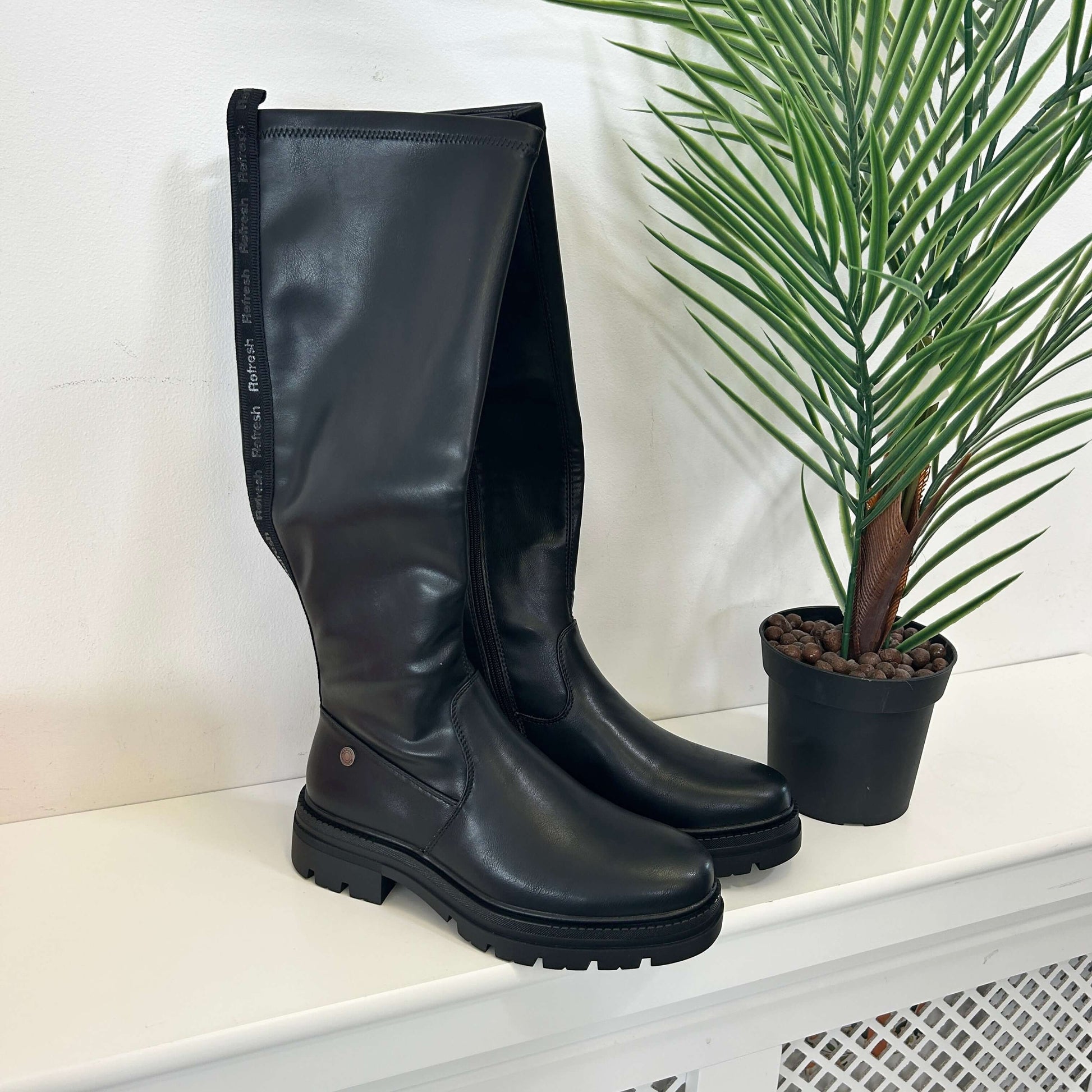 Refresh Chunky Black Leatherette Tall Ladies Boots