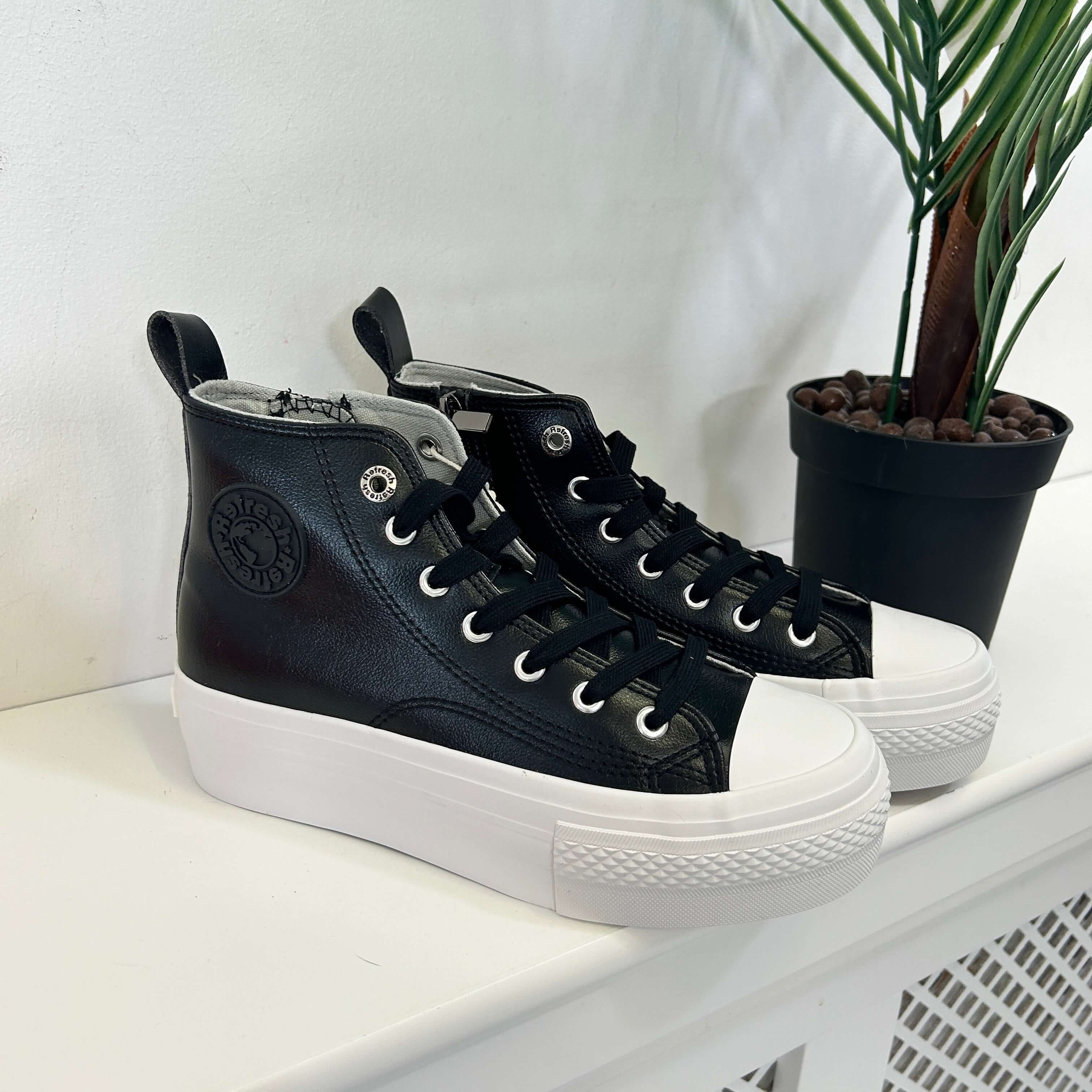 Black faux leather trainers online