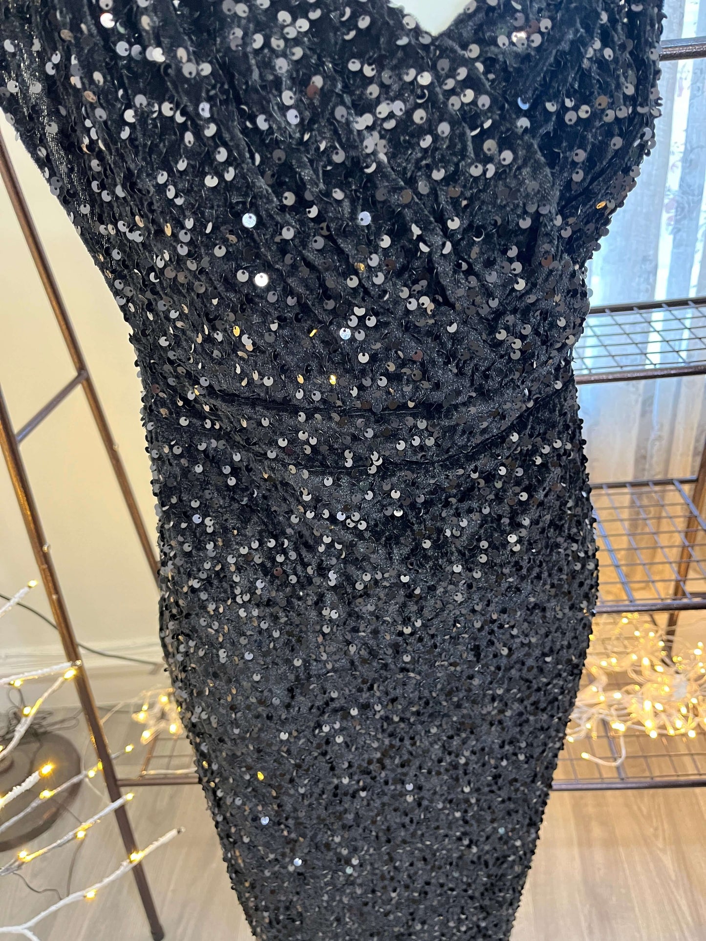 Sequin Tie Waist Mid Length Black Dress