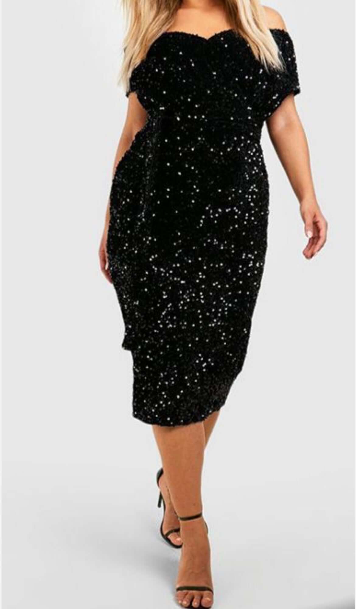 Sequin Tie Waist Mid Length Black Dress