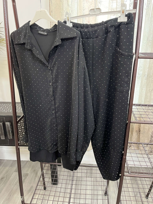 Silver Stud Satin Feel Shirt & Trouser