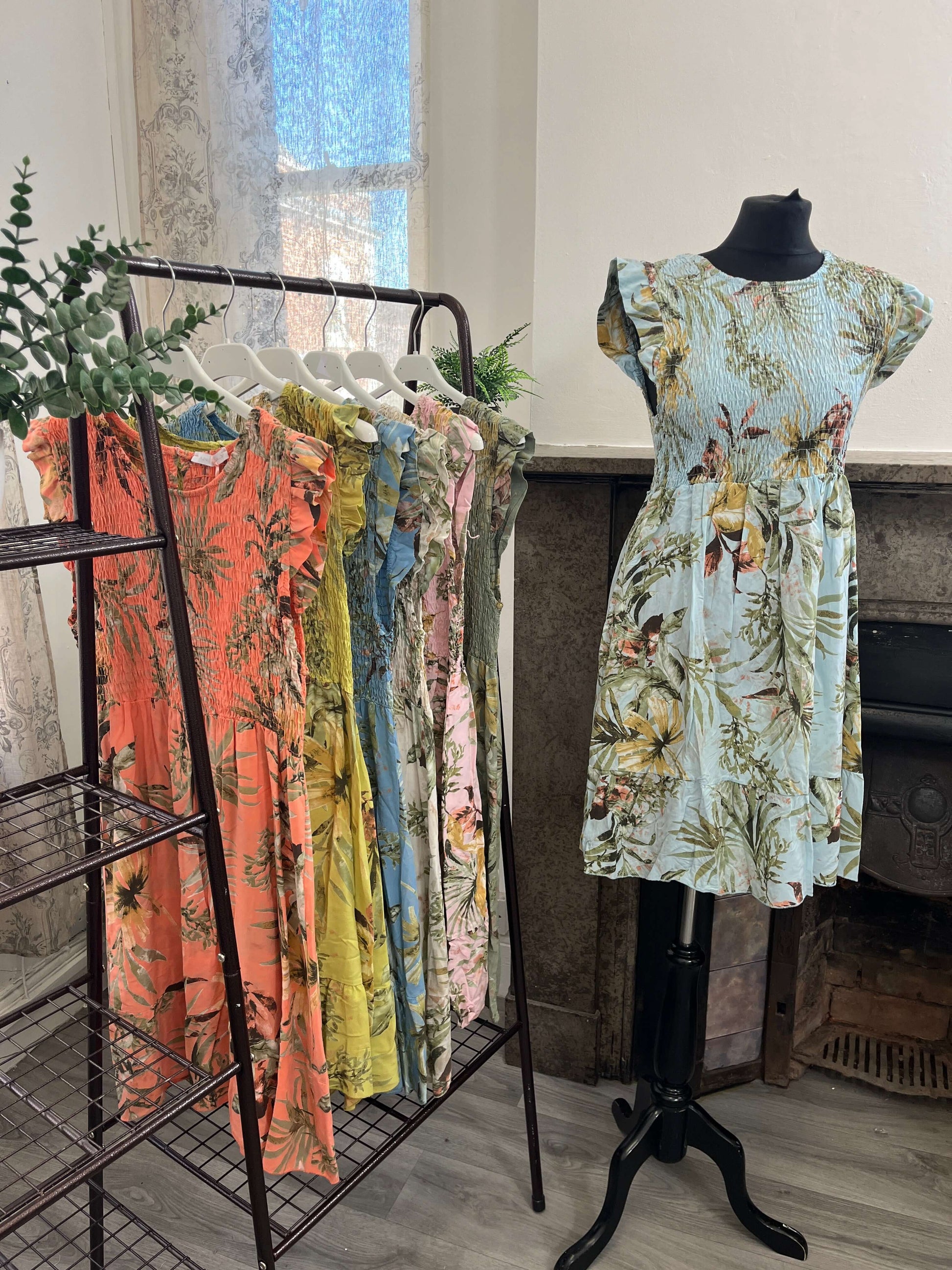Elasticated Shirred Botanical Dress