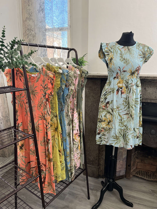 Elasticated Shirred Botanical Dress