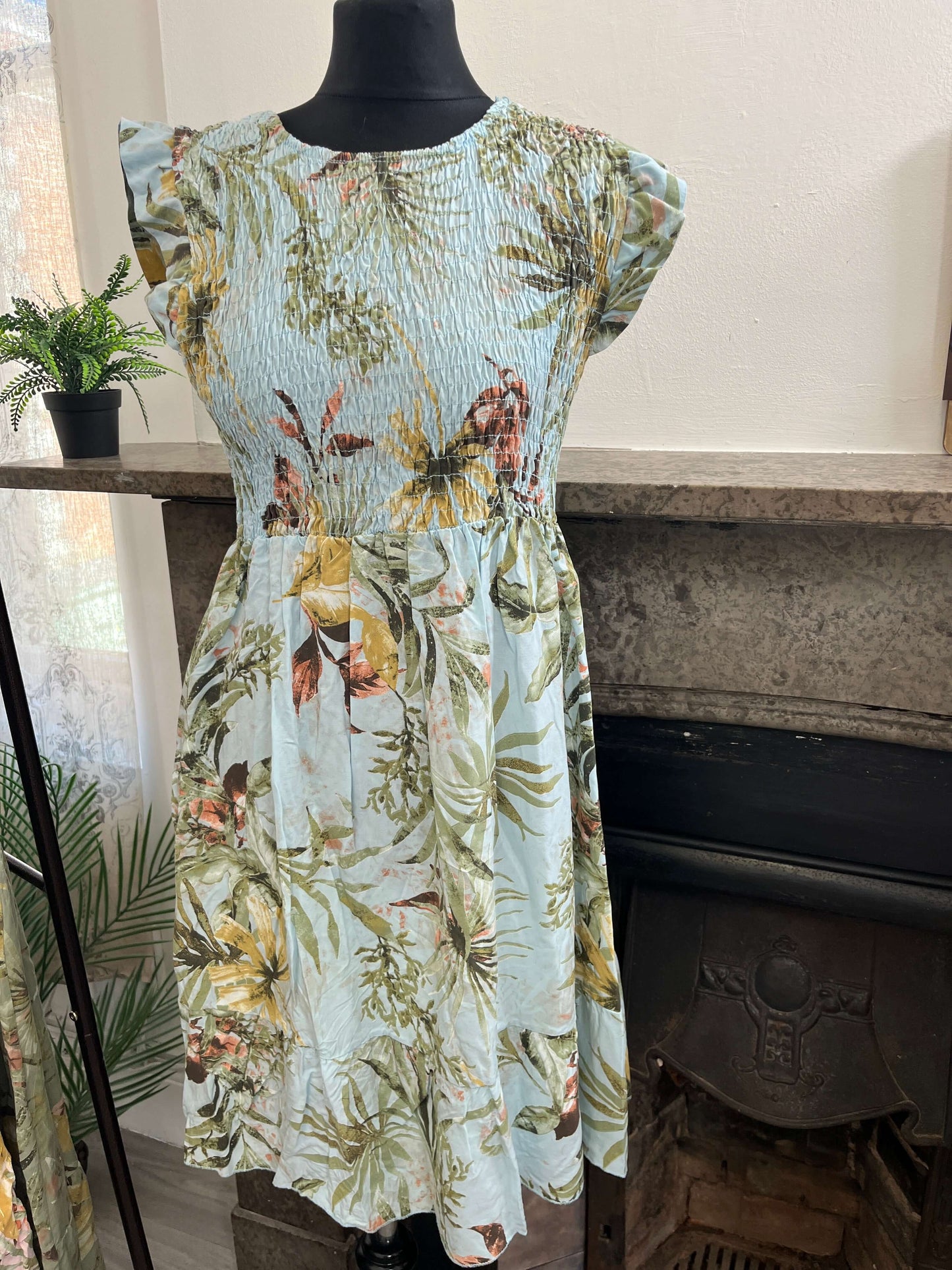 Elasticated Shirred Botanical Dress
