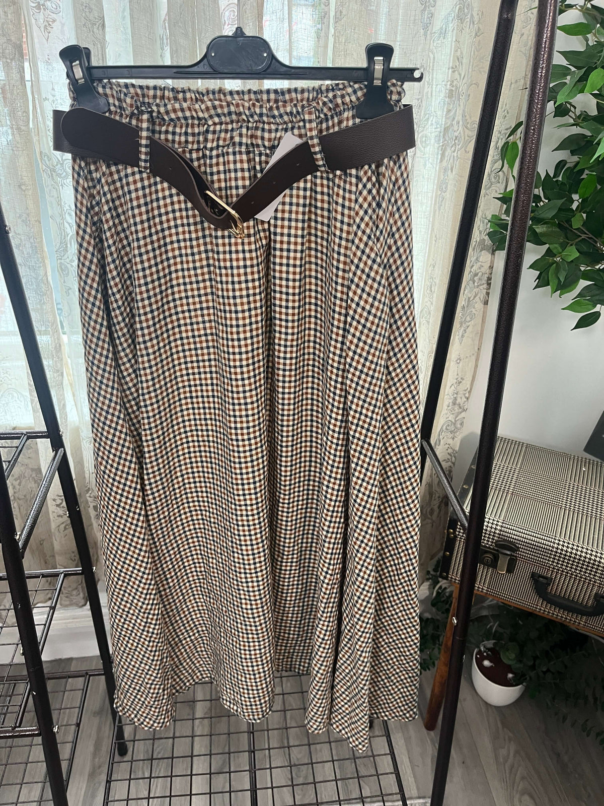 Ladies Brown Gingham Print Circle Maxi Skirt