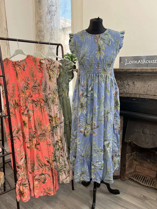 Elasticated Shirred Botanical Midaxi Dress