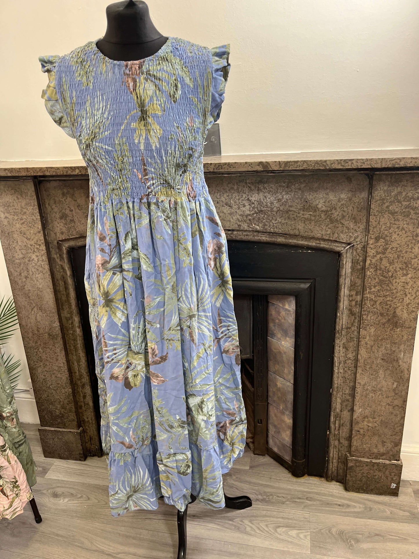 Elasticated Shirred Botanical Midaxi Dress