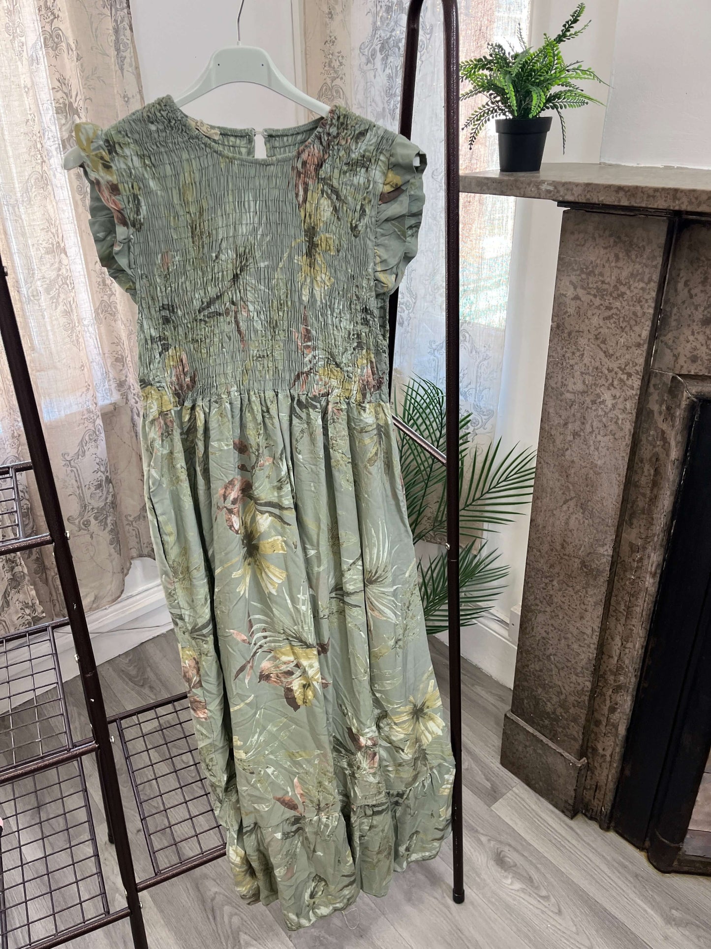 Elasticated Shirred Botanical Midaxi Dress