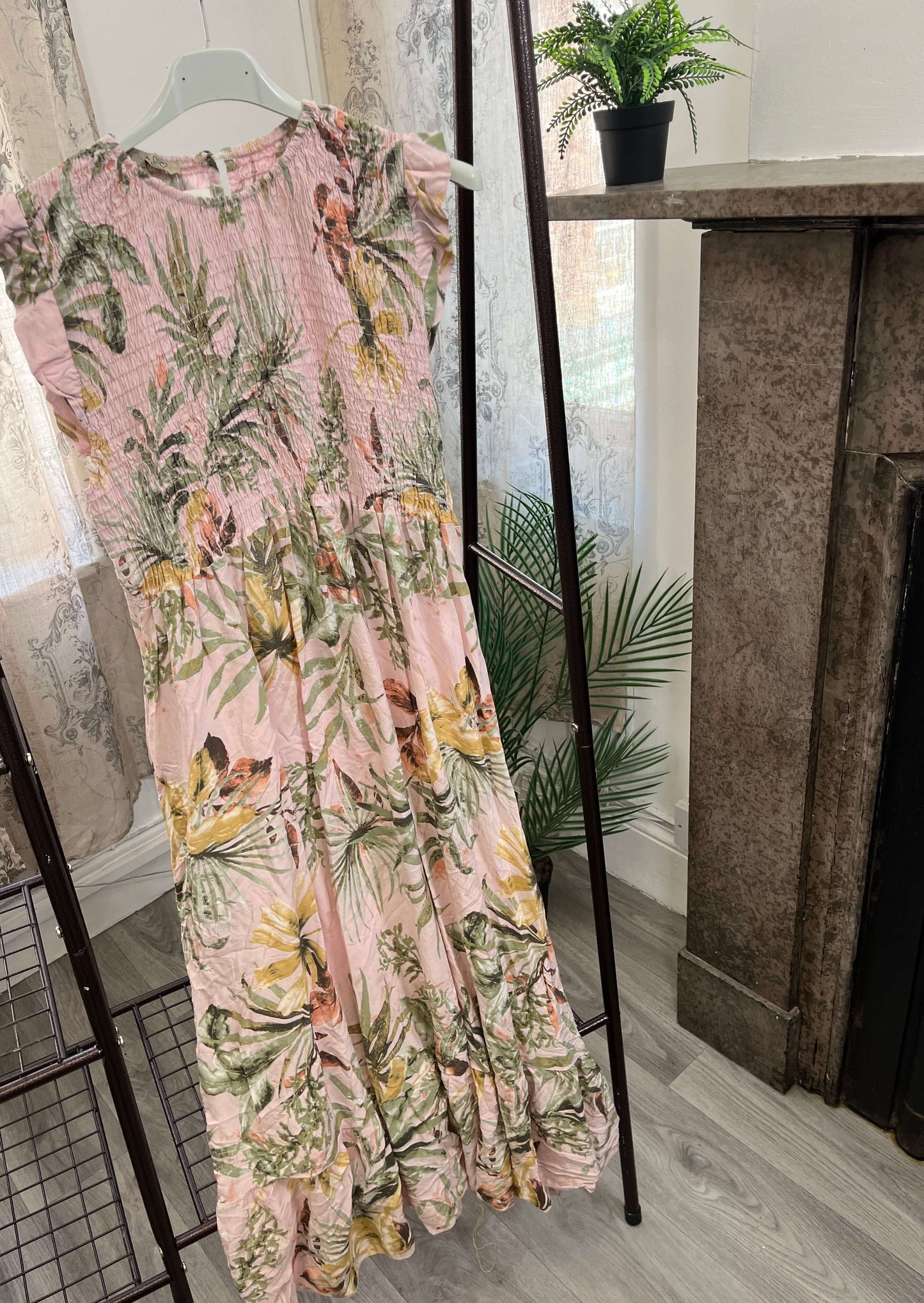 Elasticated Shirred Botanical Midaxi Dress