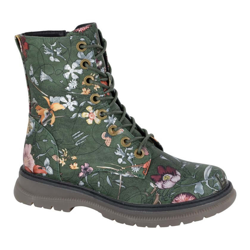 Cipriata 'Annetta' 8 Eye Lace Up Ladies Boots - Green Floral PU